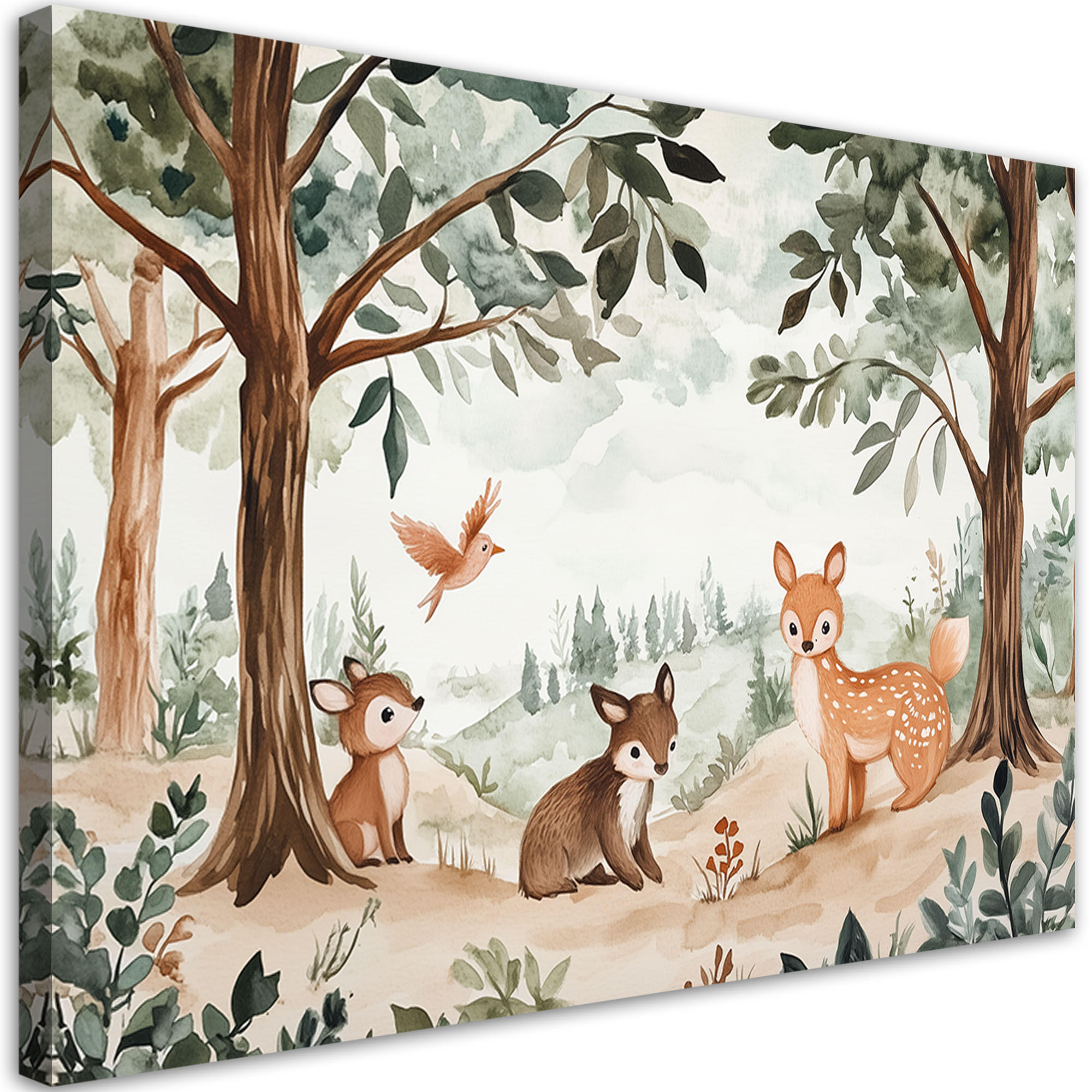 LEINWANDBILD für Kinderzimmer Hirsch Vogel Waldtier Beige - Grün, Textil (90/60cm) - Feeby