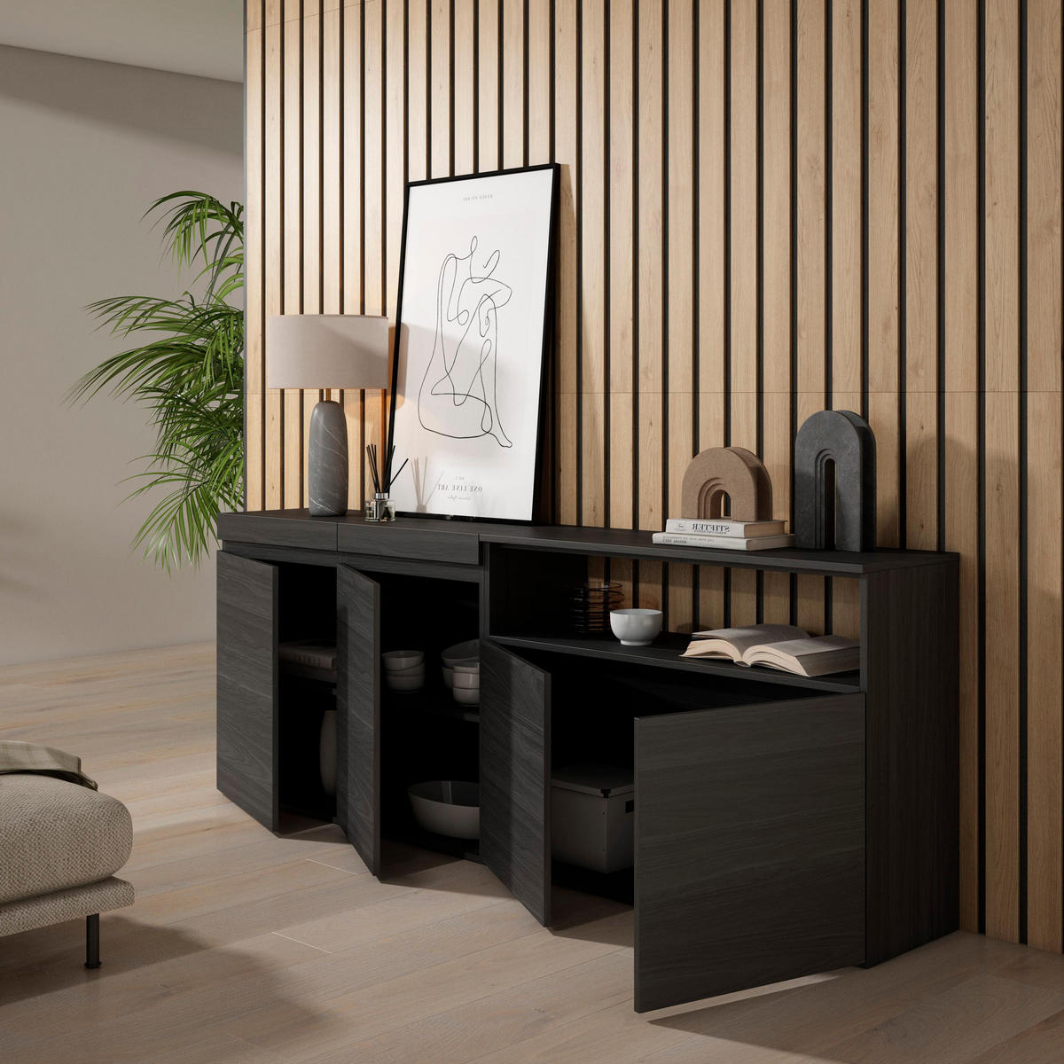 SIDEBOARD schwarz, 200/35/75cm - Schwarz, Holzwerkstoff (200/75/35cm) - Skraut Home