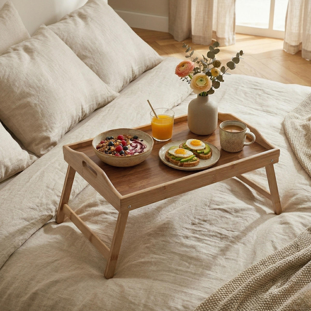 FRÜHSTÜCKSTABLETT Lento Bambus 54/30/24 cm - Beige, Naturmaterialien (30/24/54.5cm) - AROMELIO