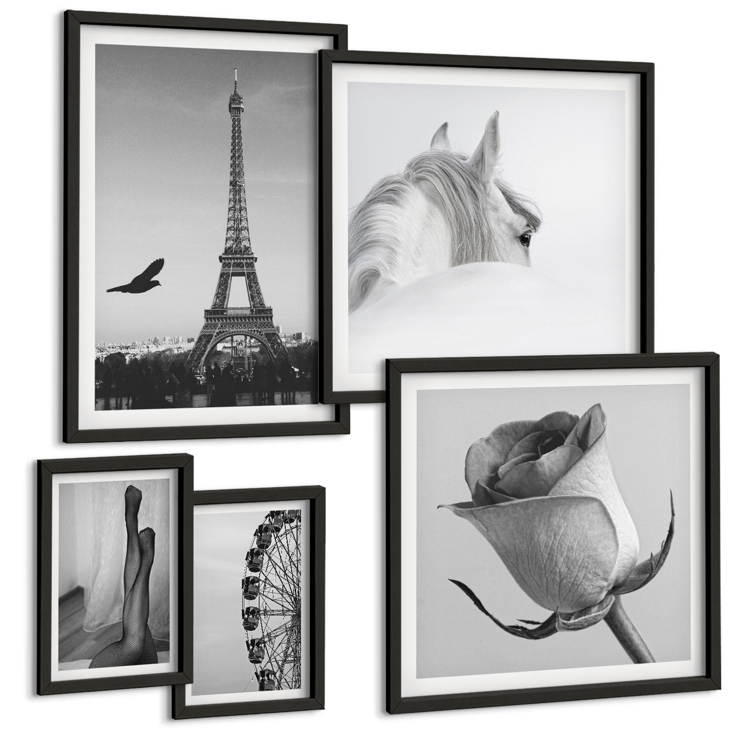 BILDER SET 5er Set - 50x50 cm & 20x30 cm & 40x60 cm Schwarzer Rahmen - Abstrakte warme Muster - Schwarz, Kunststoff (40/60cm) - TULUP