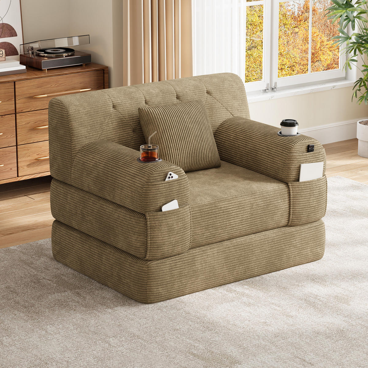 SCHLAFSESSEL Cord komprimiert, DE-42543, Khaki - Sandfarben, Metall (107/81/80cm) - ComfortXL