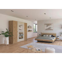 SCHLAFZIMMER Monza in Eiche Artisan und Beige mit Bettanlage 180x200cm, 2 Nachttischen und Drehtürenkleiderschrank 4türig mit Spiegel - Braun, Holzwerkstoff (80/200/120cm)