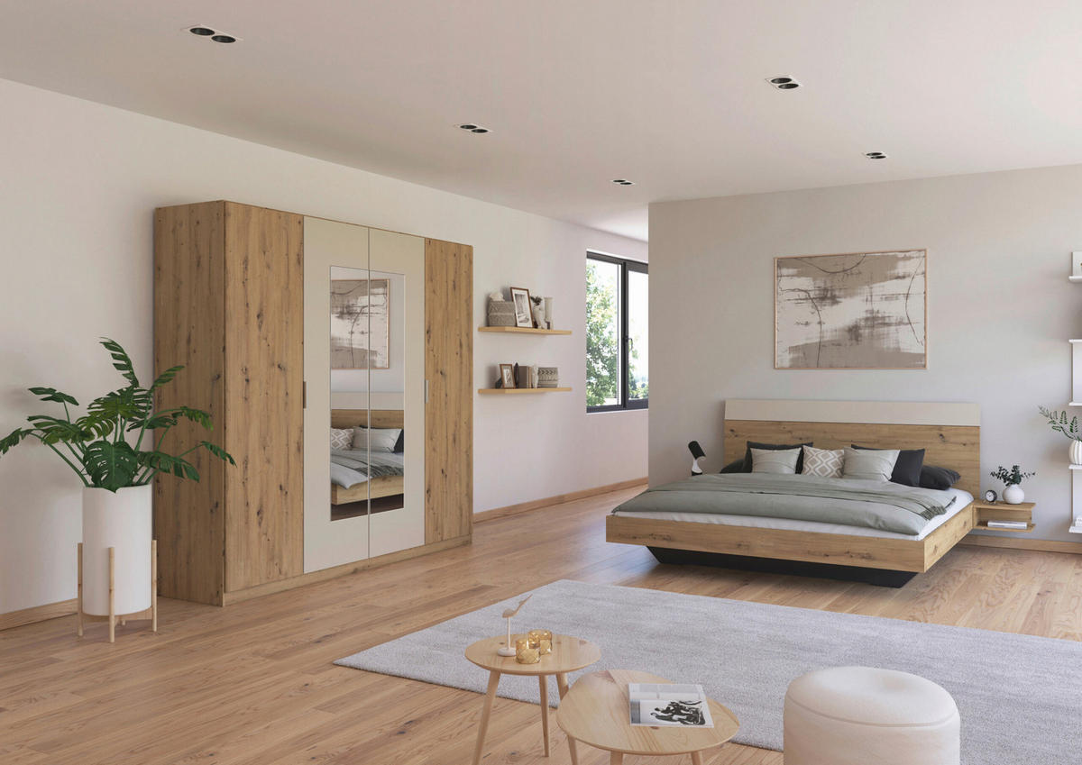 SCHLAFZIMMER Monza in Eiche Artisan und Beige mit Bettanlage 180x200cm, 2 Nachttischen und Drehtürenkleiderschrank 4türig mit Spiegel - Braun, Holzwerkstoff (80/200/120cm)