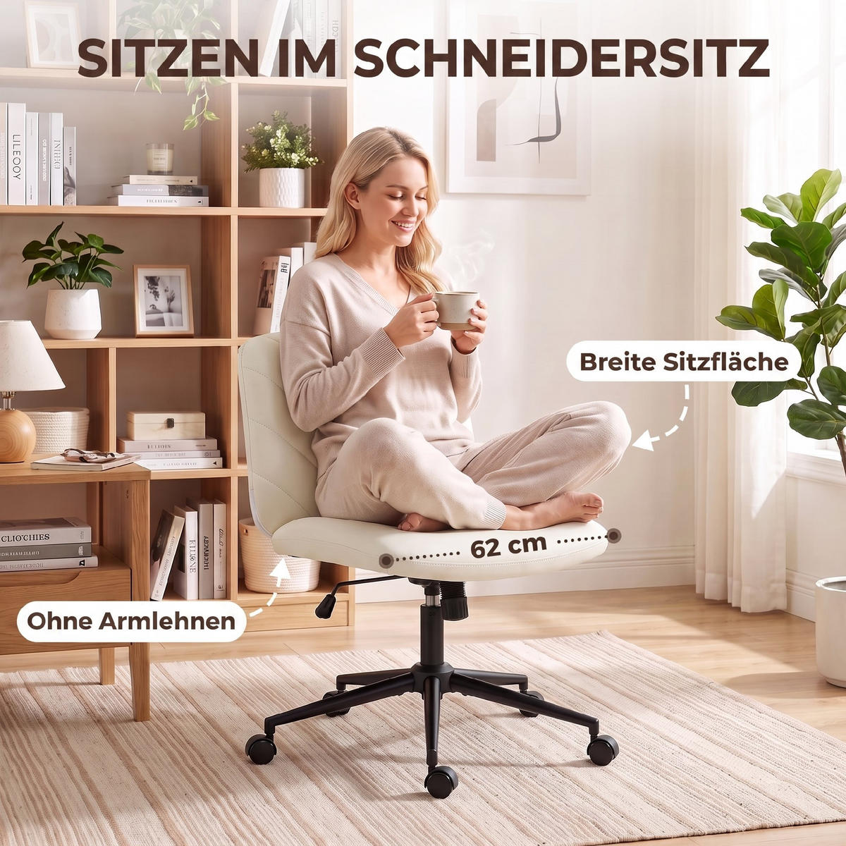 BÜROSTUHL Sperrholz Kunstleder Cremeweiß - Creme/Schwarz, Leder/Metall (61/95/62cm) - HOMCOM