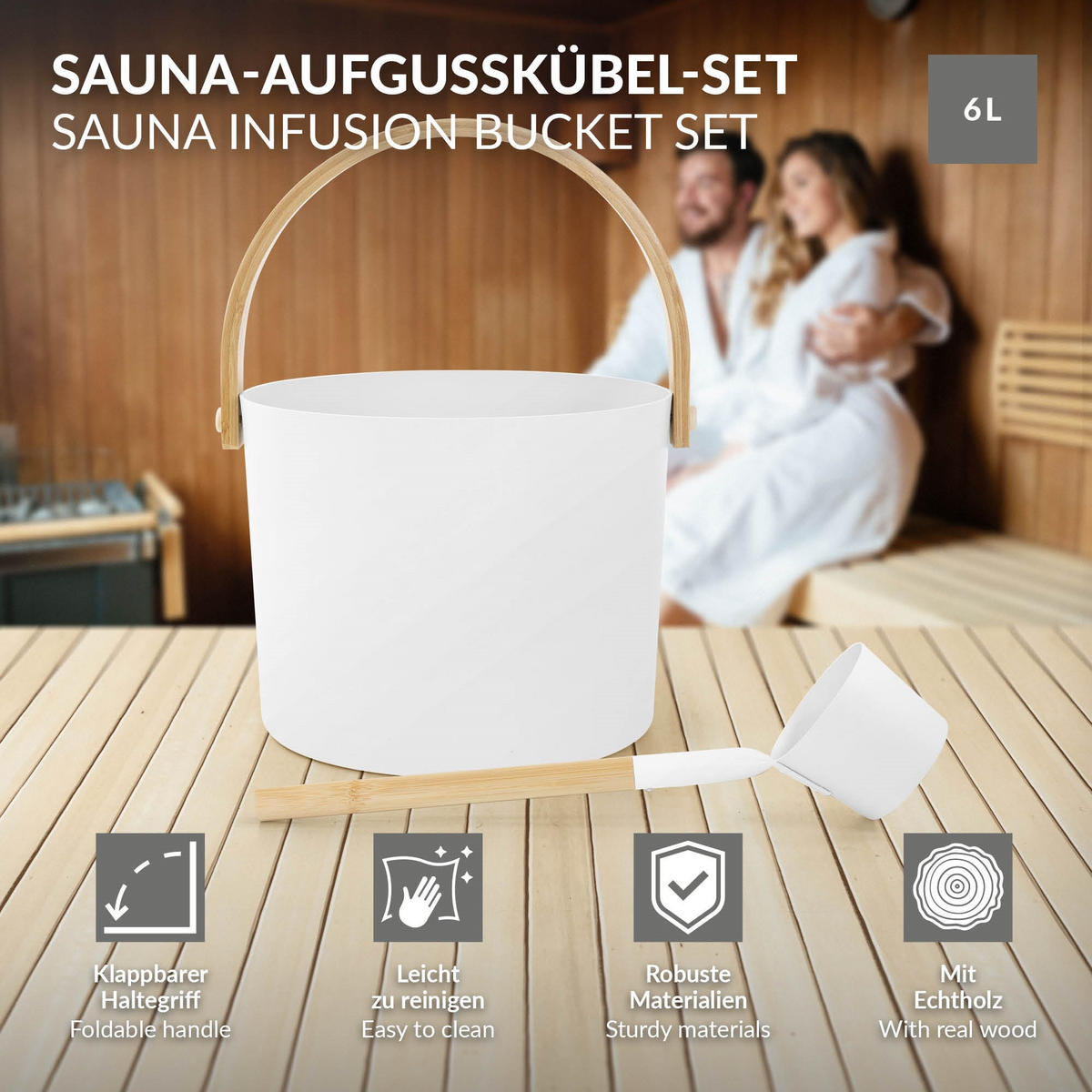 SADA SAUNOVÉHO PŘÍSLUŠENSTVÍ z hliníku a dřeva, bílá, kbelík na nalévání a naběračka - bílá, kov (24/34/32.5cm) - LuxeBath