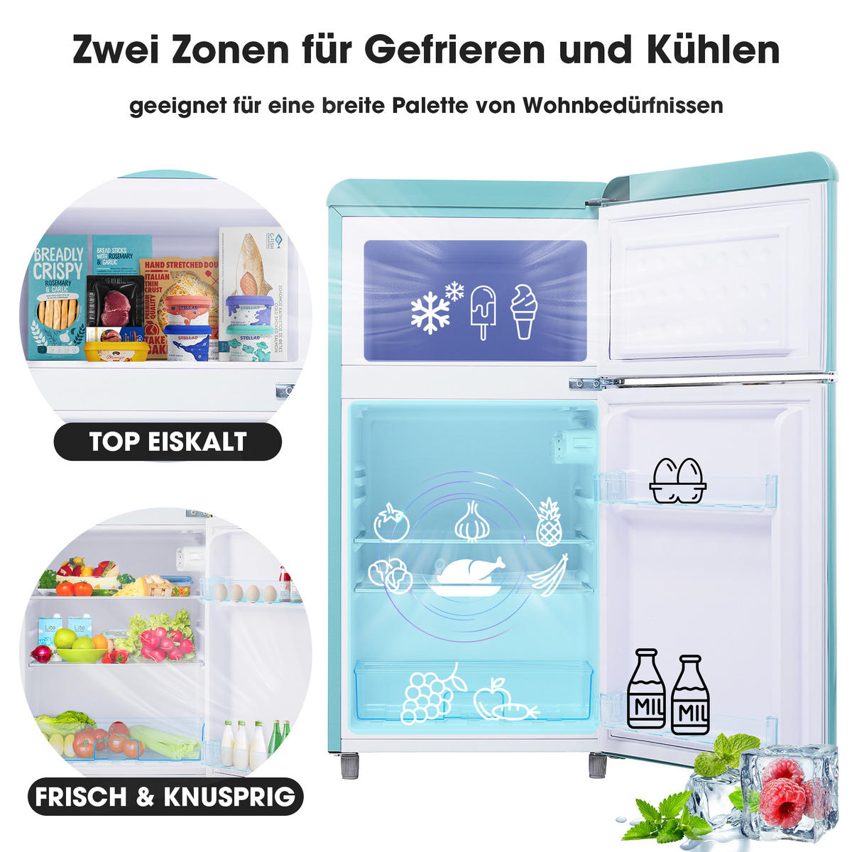 KÜHLSCHRANK 46/45/91 cm Cyan 72L mit LED-Licht - Türkis, Metall (45/91/46cm) - Oxeza