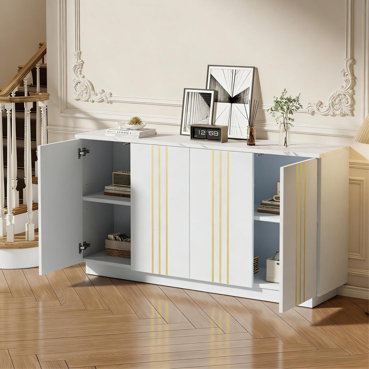 SIDEBOARD 140/35/70 cm weiß-gold aus Spanplatte mit 4 Türen - Weiß, Holzwerkstoff (140/70/35cm) - OKWISH