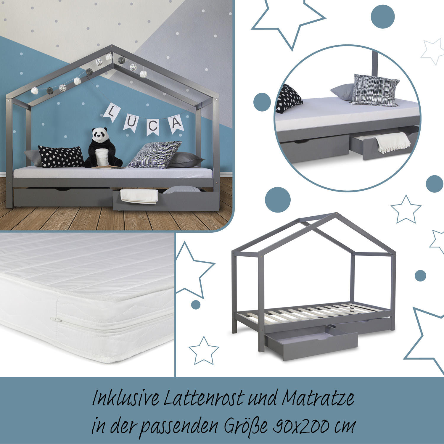 HAUSBETT mit Matratze mit Stauraum 90/200 cm Grau - Grau, Holz (208/160/96cm) - Homestyle4u
