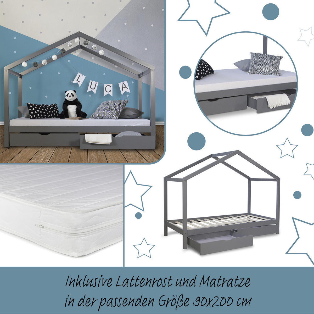 HAUSBETT mit Matratze mit Stauraum 90/200 cm Grau - Grau, Holz (208/160/96cm) - Homestyle4u