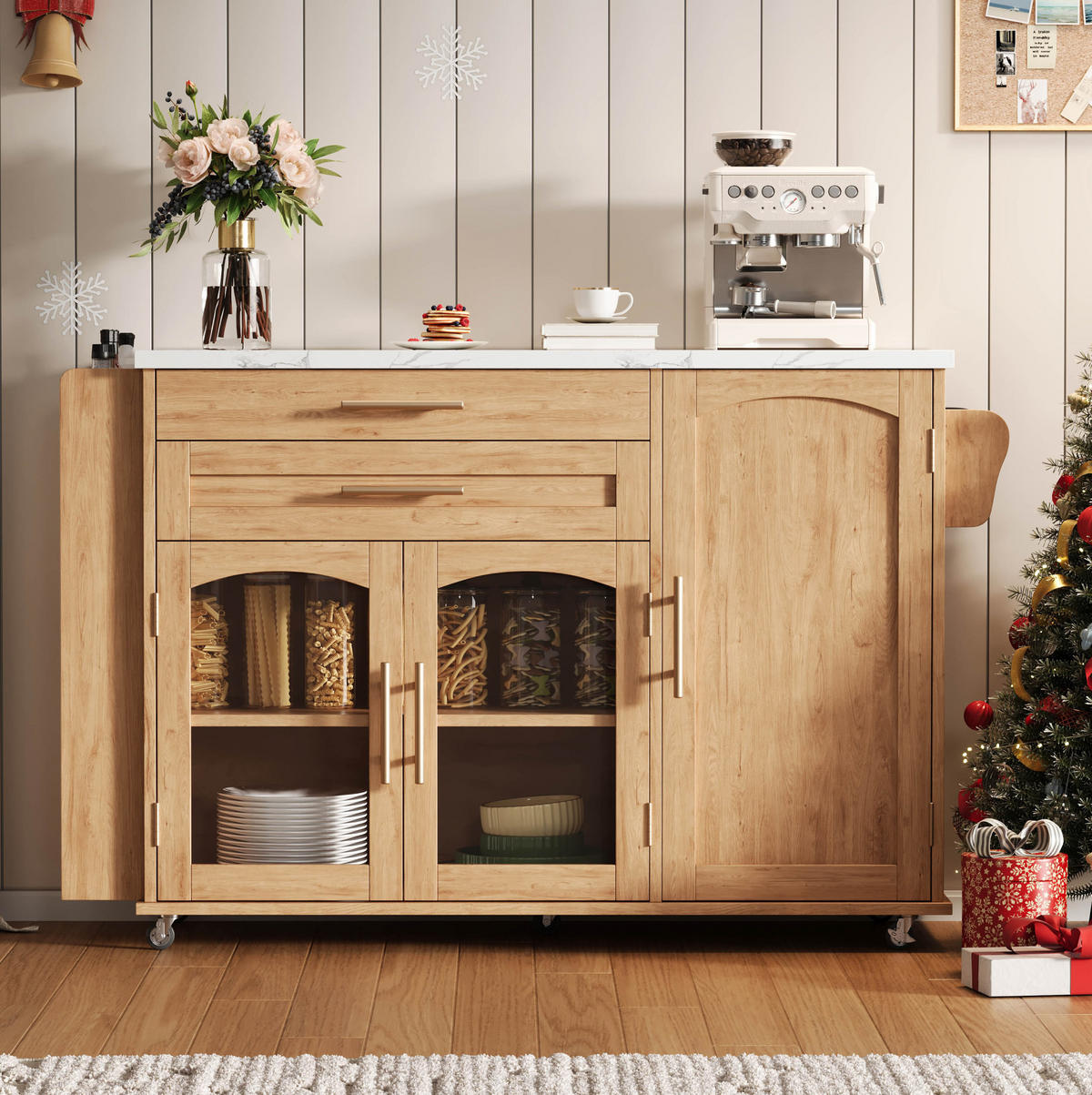 KÜCHENINSEL 138/70/90 cm mit klappbarer Arbeitsplatte, Glastüren und 5 Rollen aus MDF, Natur - Naturfarben, Holzwerkstoff (138/90/70cm) - Redom