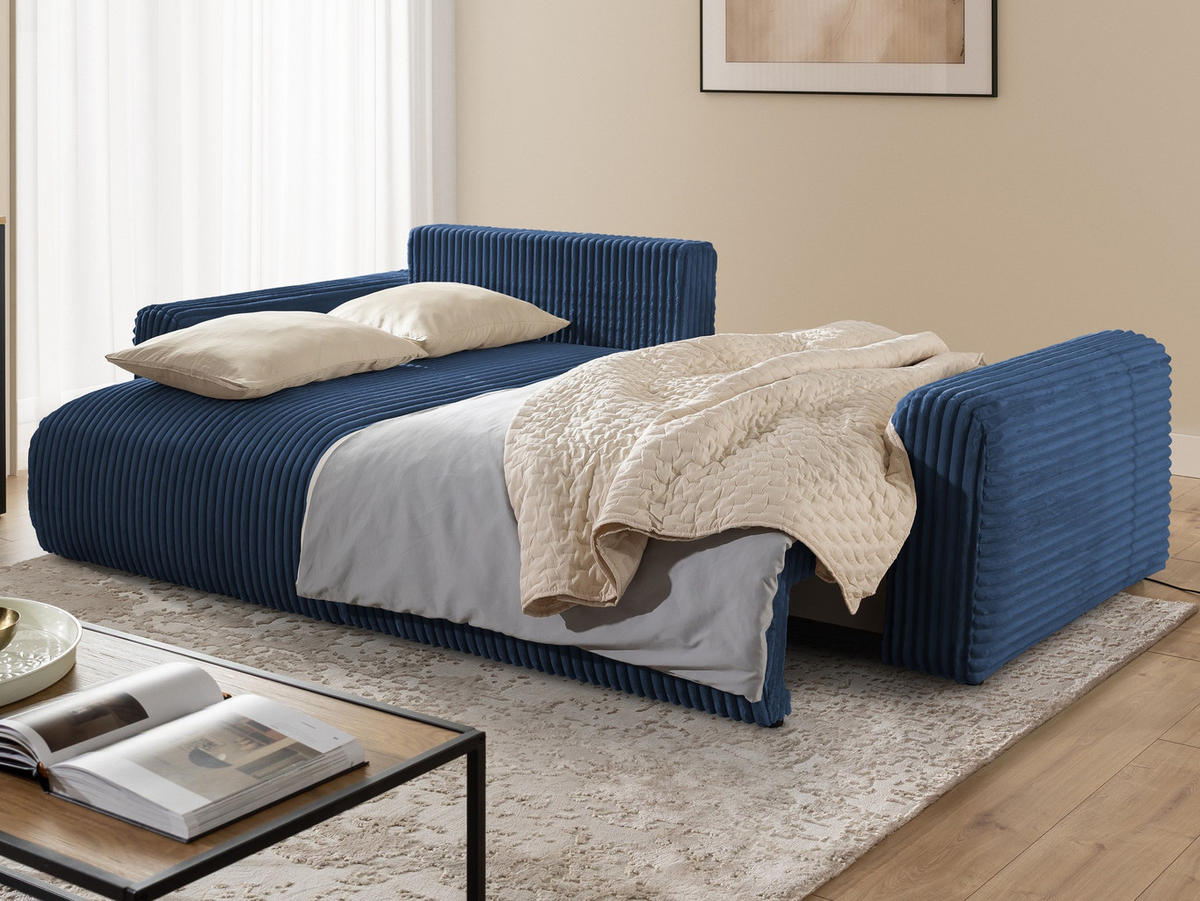 ECKSOFA Calma mit Schlaffunktion und Bettkasten im Bumpy-Design aus weichem Marineblau Plüschcord - Ottomane links - Blau/Schwarz, Holz/Kunststoff (239/140cm) - S-Style