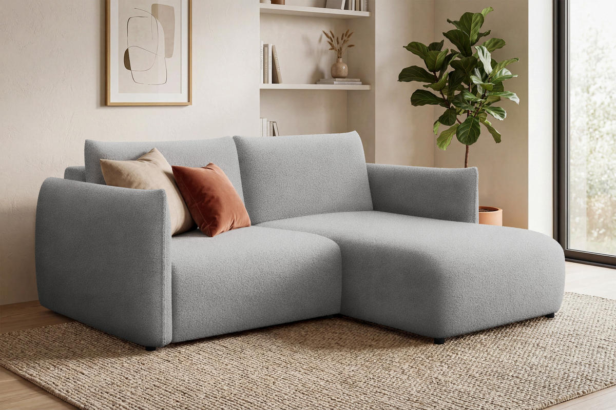 ECKSOFA TAUER 3-Sitzer RECHTS, Bouclé-Stoff hellgrau - Schwarz/Grau, Holz/Textil (206/173cm) - Courtois Laville