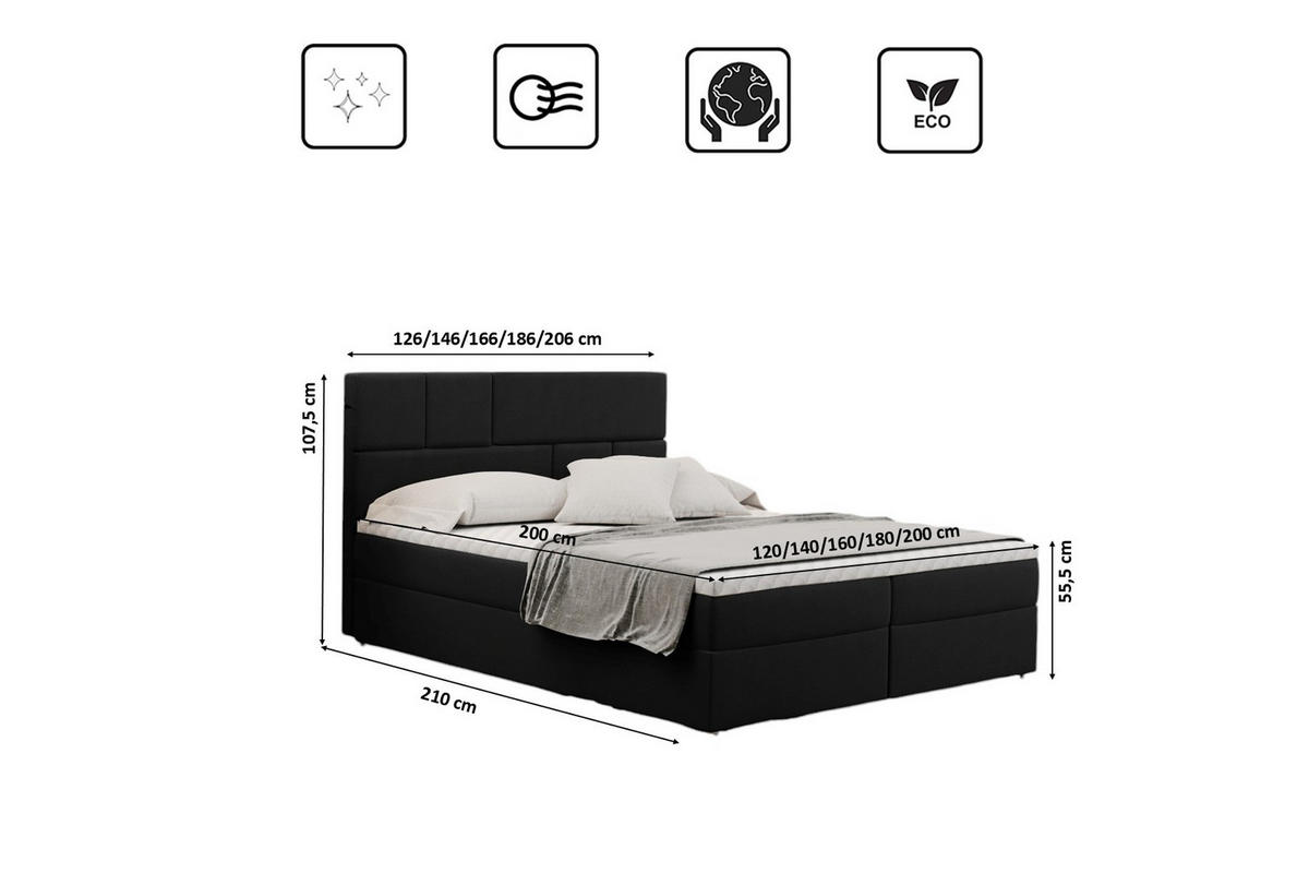 BOXBETT Mit Bettkasten BALI Stoff Mat Velvet Schwarz 200x200 cm H3-Bonell - Schwarz, Holz/Holzwerkstoff (200/200cm) - Kaiser Möbel