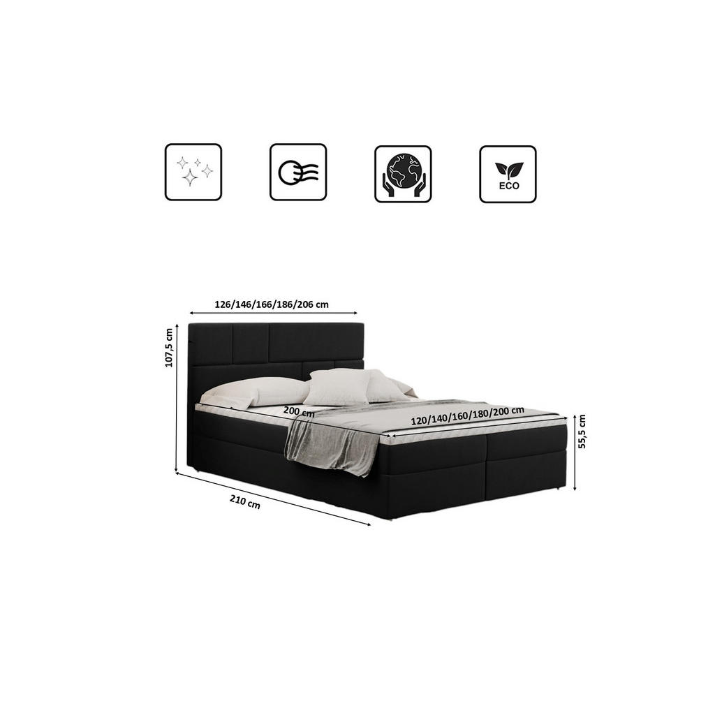 Thumbnail - Kaiser Möbel Boxbett, Schwarz, Textil, H2, Höhe ca. 20 cm, einzeln stellbar, 140x200 cm, Schlafzimmer, Betten, Boxspring...
