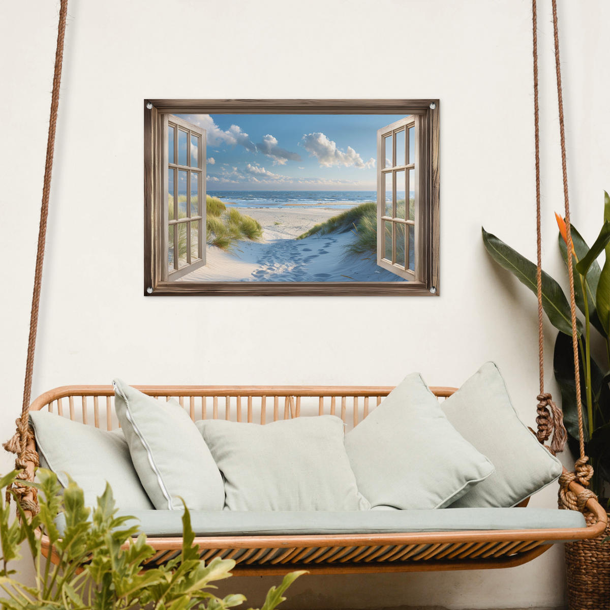 ZAHRADNÍ PLAKÁT Pohled - Pláž - Okno - Duny - Moře 90x60 cm - světle modrá, plast (90/60/0.2cm) - OnlyWow