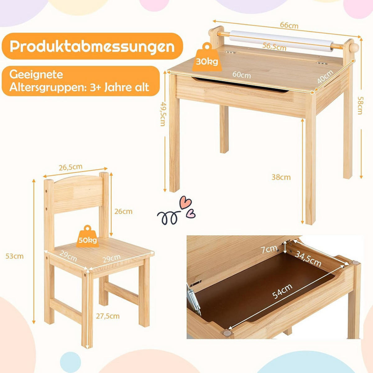 KINDERSCHREIBTISCH mit Stuhl natur(2-tlg) - Naturfarben, Holz (66/58/40cm) - COSTWAY
