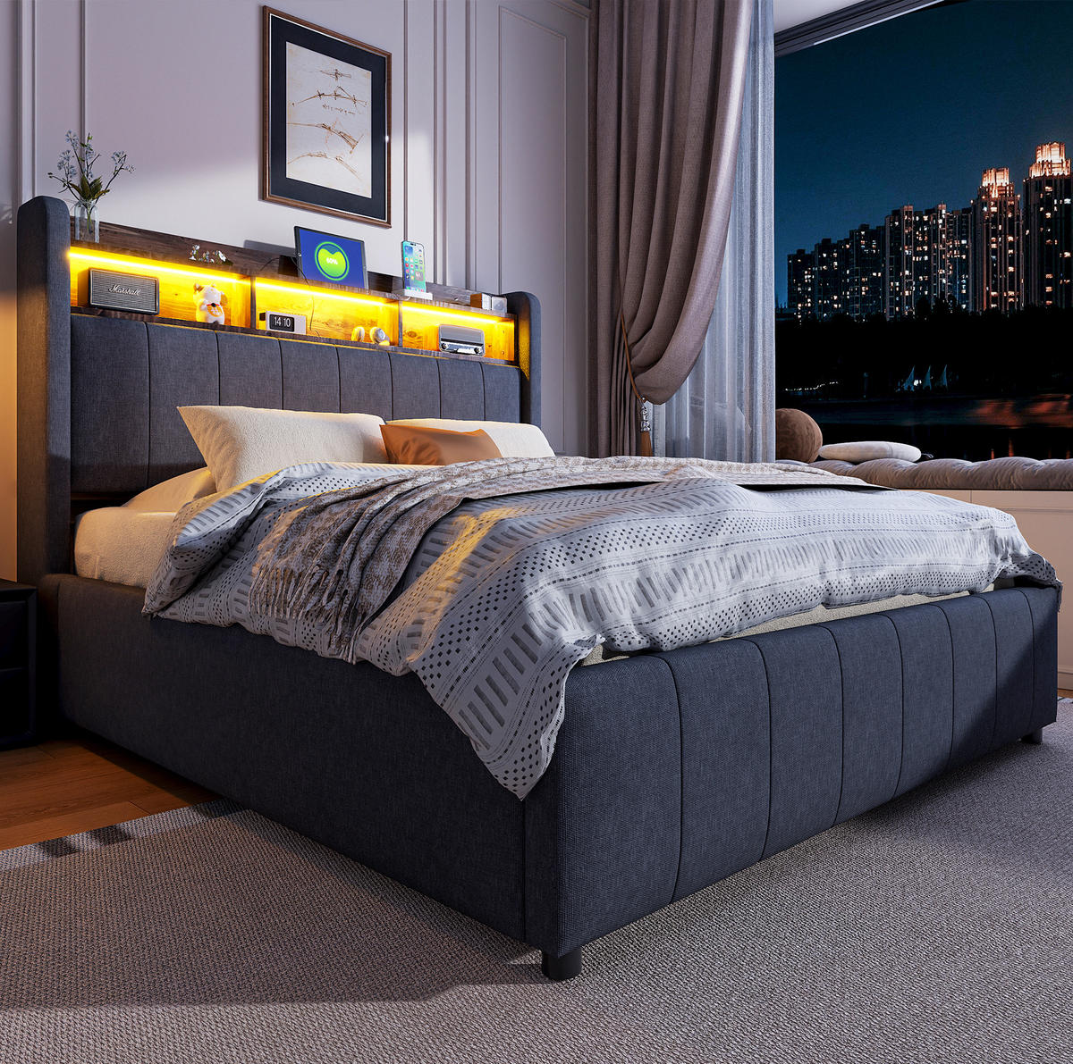 POLSTERBETT 140x200 cm Grau mit LED-Beleuchtung, USB- und Typ-C-Anschlüssen sowie Bettkasten - Grau, Textil (140/200cm) - IVMEU
