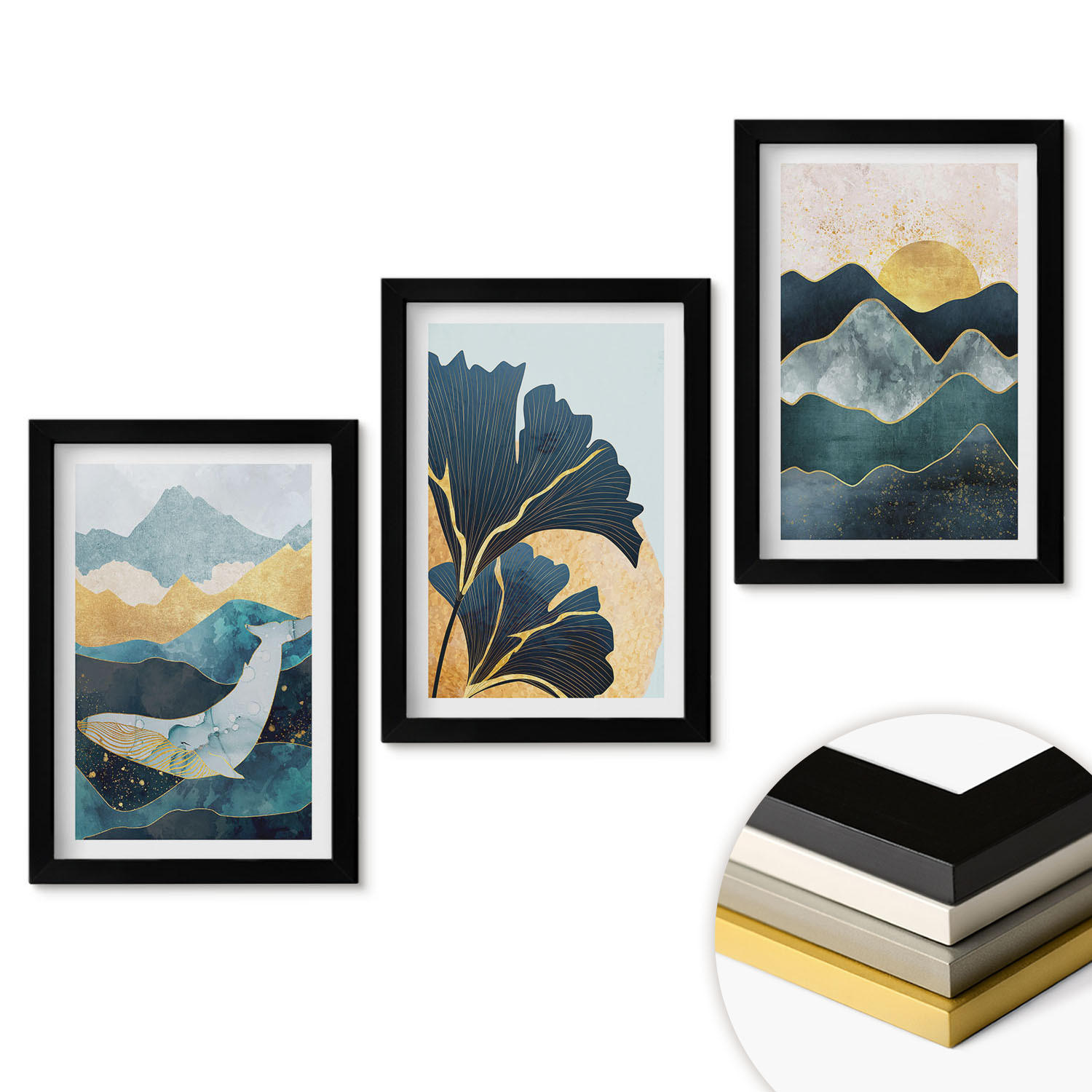 WANDBILDER 3er-Set - 20x30 cm Schwarzer Rahmen - Abstrakte Bergansichten - Schwarz, Kunststoff (20/30cm) - ArtPrintCave