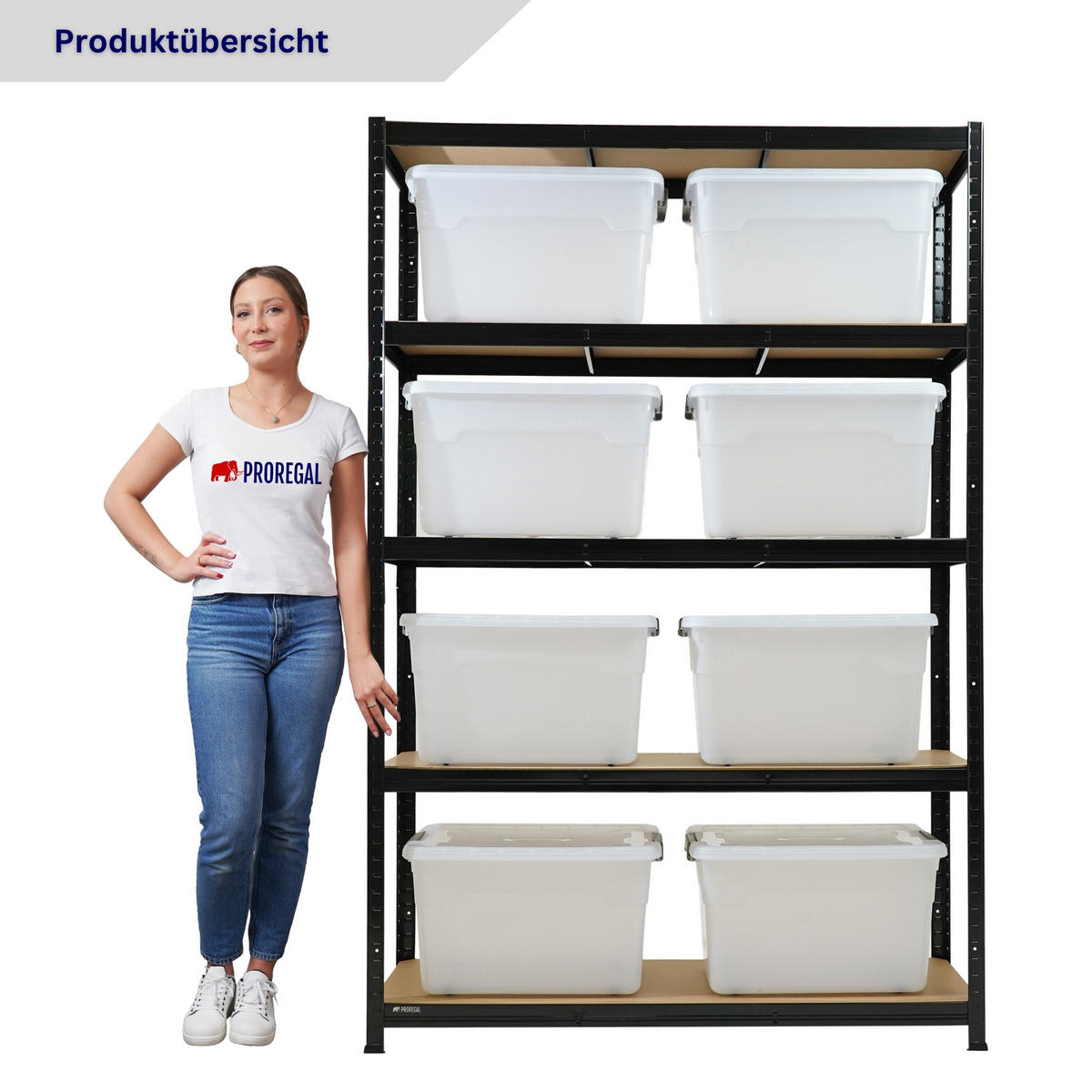 SCHWERLASTREGAL Ragnar inkl. 8x Aufbewahrungsbox 45 Liter - Schwarz, Metall (120/180/40cm) - PROREGAL