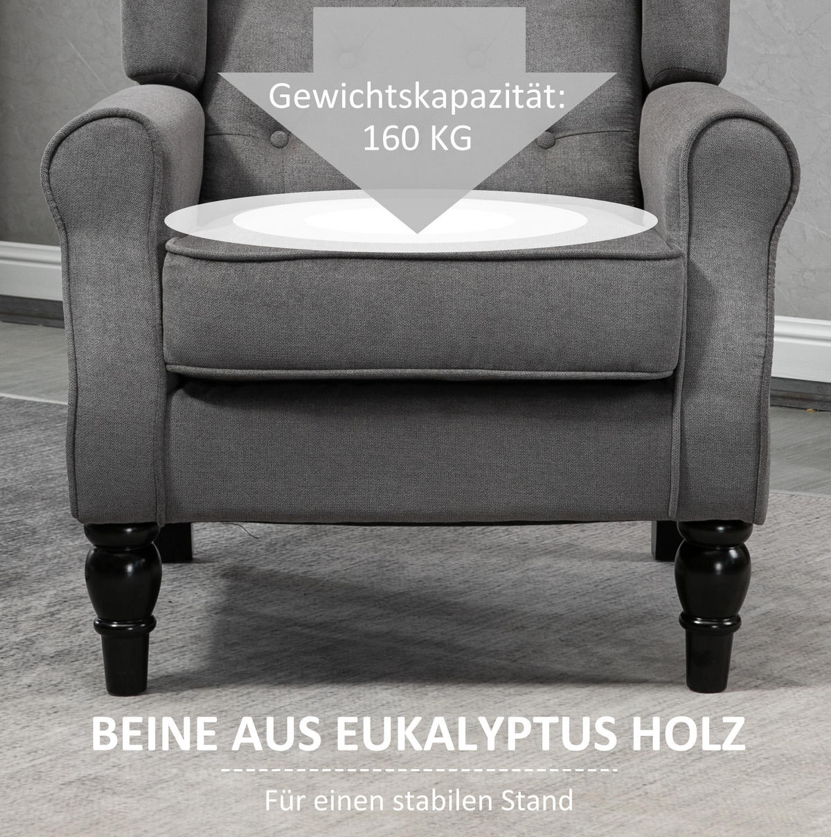 OHRENSESSEL 74/86/102 cm in Dunkelgrau mit Knopfheftung und Holzfüßen - Dunkelgrau, Textil (86/102/74cm) - Flora Grace