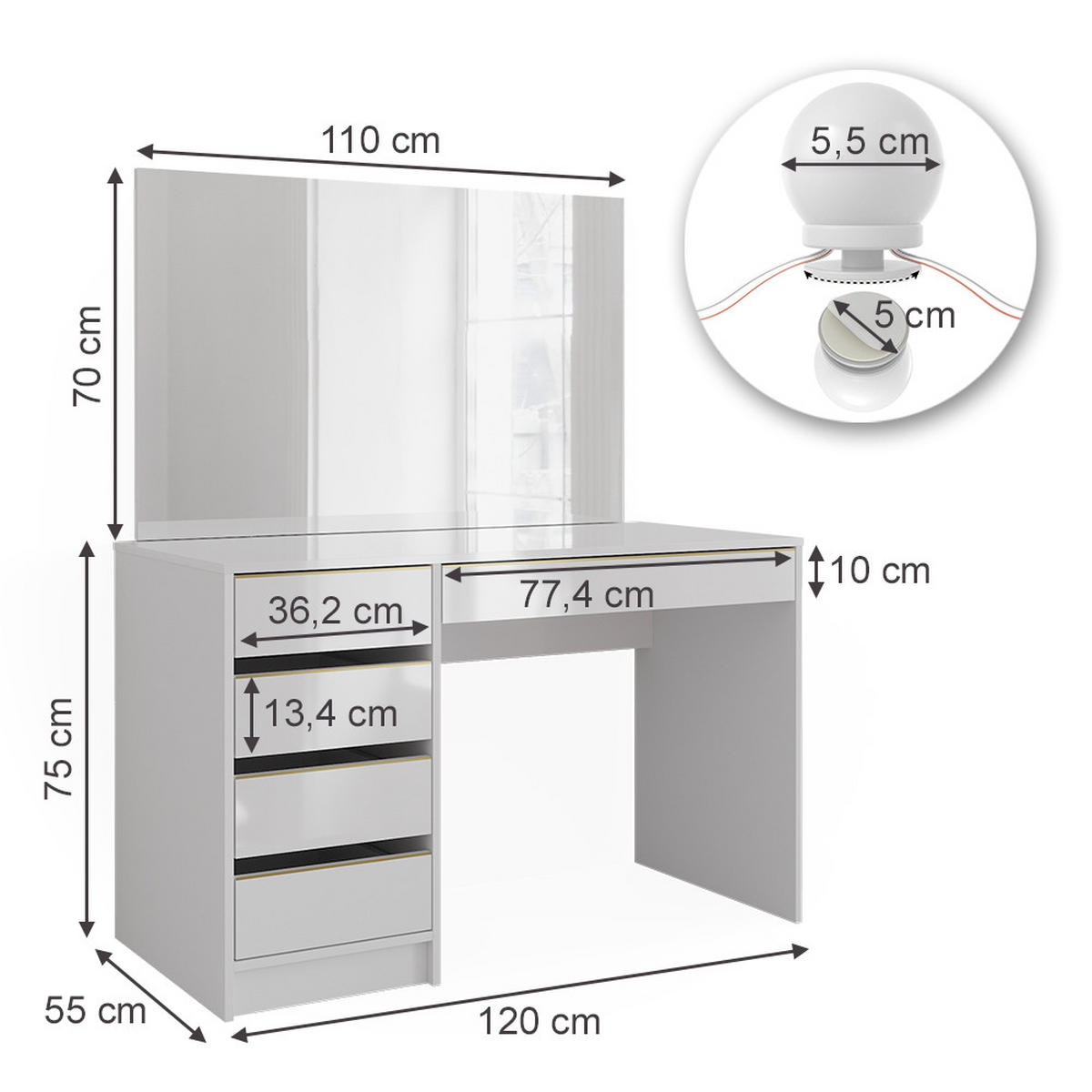 SCHMINKTISCH Sherry Weiß/Gold 120 cm mit LED Beleuchtung - Goldfarben/Weiß, Holzwerkstoff (120/75/55cm) - Vicco