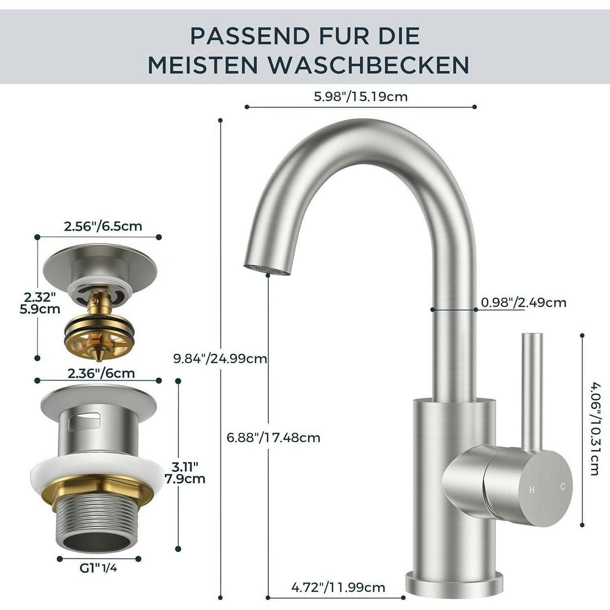 WASCHTISCHARMATUR Hoch mit Ablaufgarnitur 175 mm gebürstet Edelstahl - Silberfarben, Metall (15.1/17.5/25cm)