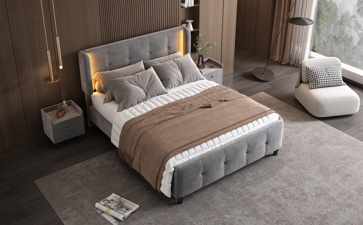 POLSTERBETT 140x200 cm LED Samt grau - Grau, Textil (140/200cm) - LEBENLANG