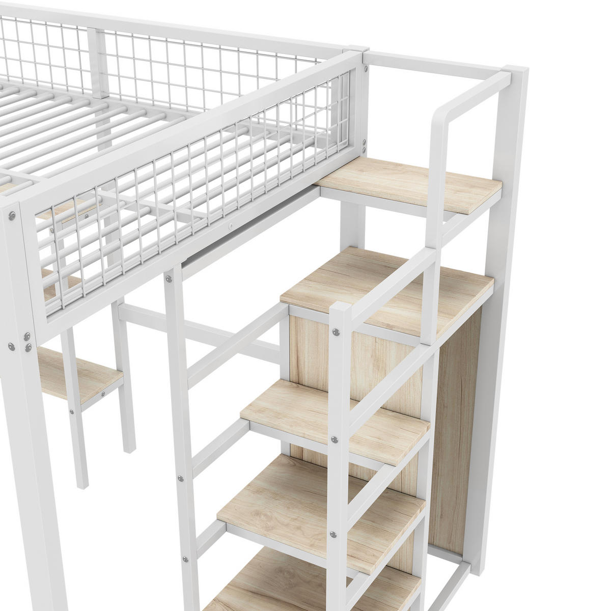 HOCHBETT 140/200 cm Weiß Metall mit Schreibtisch und Regalen - Weiß, Metall (140/200cm) - OKWISH