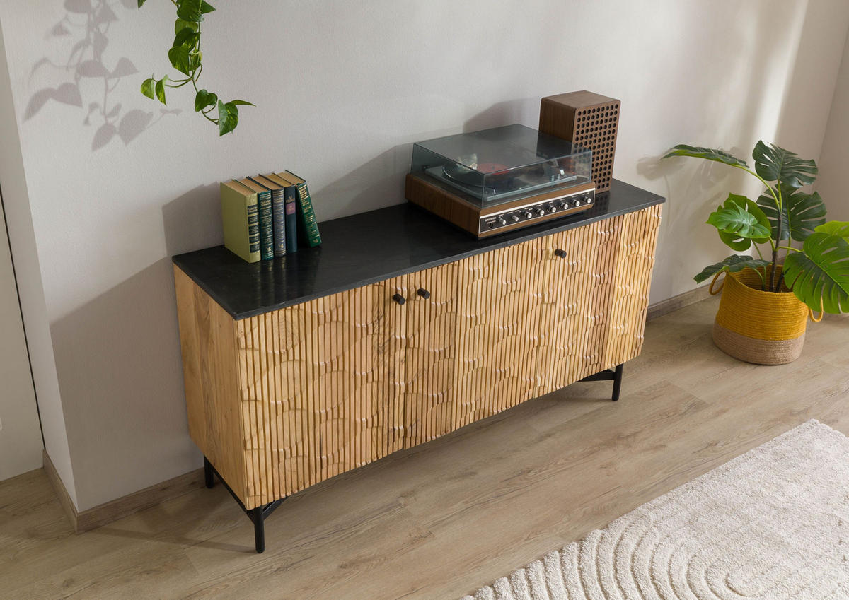 SIDEBOARD Akazie 150x40x76 natur lackiert / Marmor schwarz LONDON #100 - Braun, Holz (150/76/40cm) - Massivmoebel24