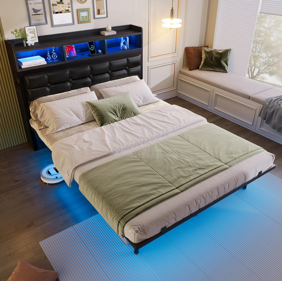 POLSTERBETT 140/190 cm mit LED, USB-C-Ladestation und 2 Nachttischen, schwebende Optik, Grau/Weiß - Grau, Metall (140/190cm) - Redom