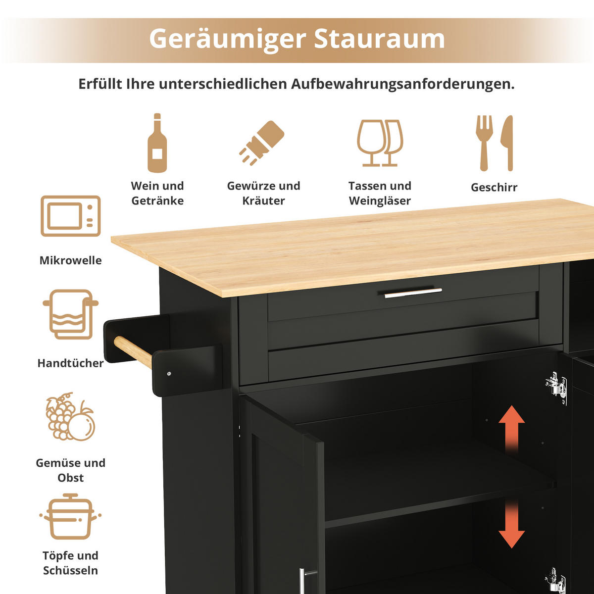 KÜCHENWAGEN 132.5x70x90cm Schwarz Spanplatte mit Klappplatte & Schublade - Schwarz, Holzwerkstoff (132.5/90/70cm) - Modfu