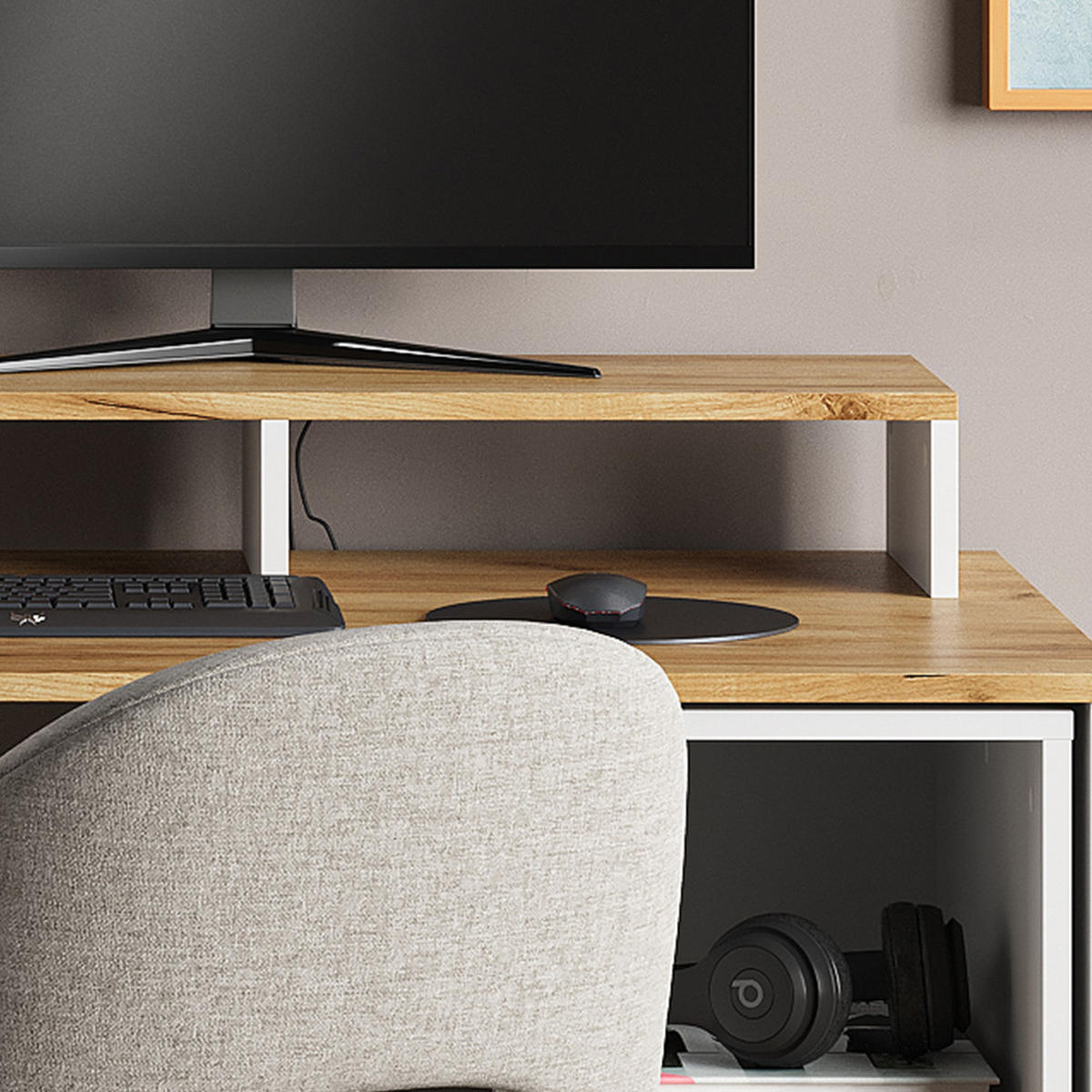 STOJAN NA MONITOR Tomy Bílý/zlatý dub - bílá/medově dubová, kompozitní dřevo (23.5/80/12cm) - Vicco