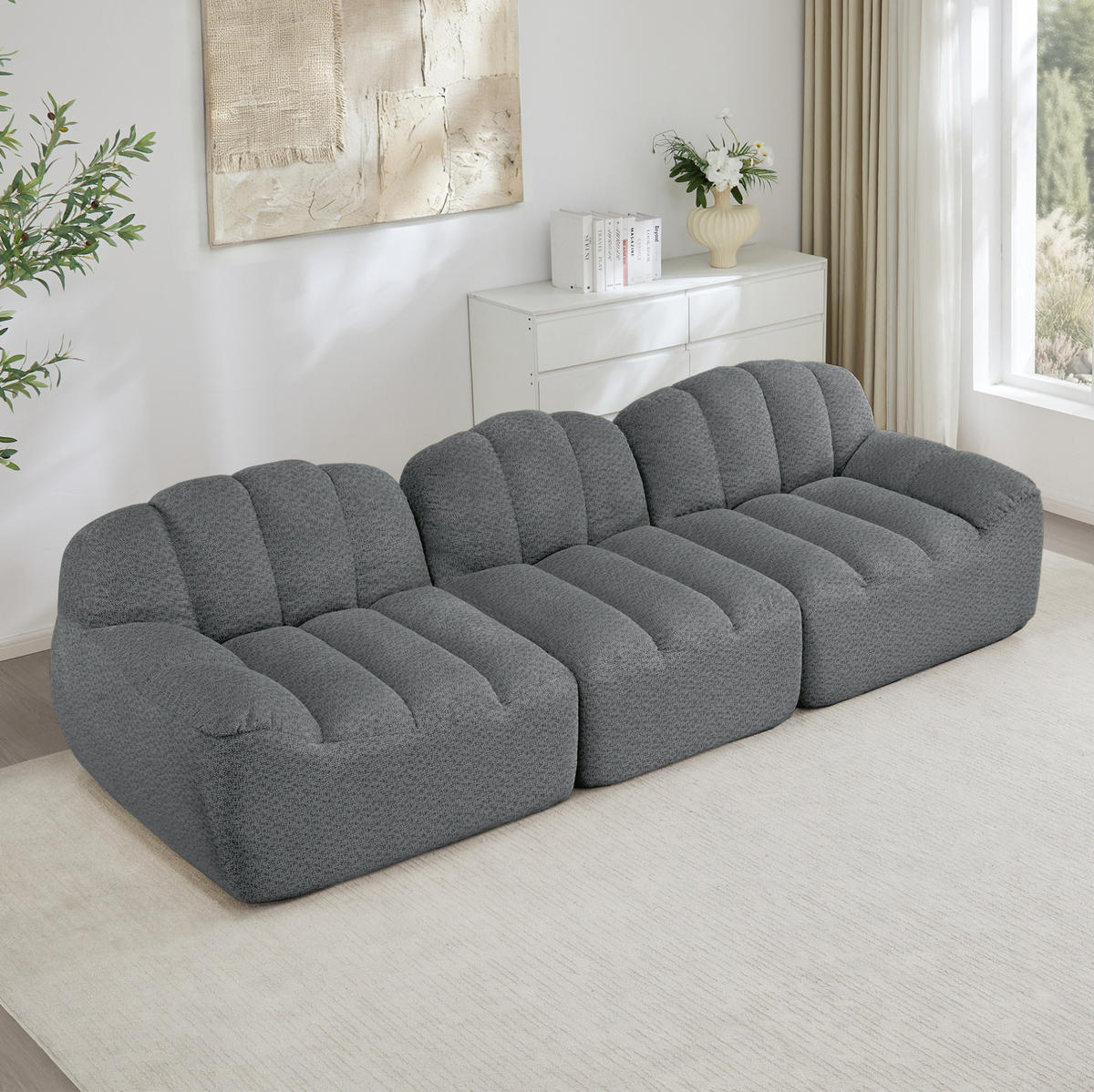 MODULARES 3-Sitzer-Sofa aus granuliertem Fleece mit Ottoman und tiefem Sitz Grau - Grau, Textil (104/79/288cm) - Modenvie
