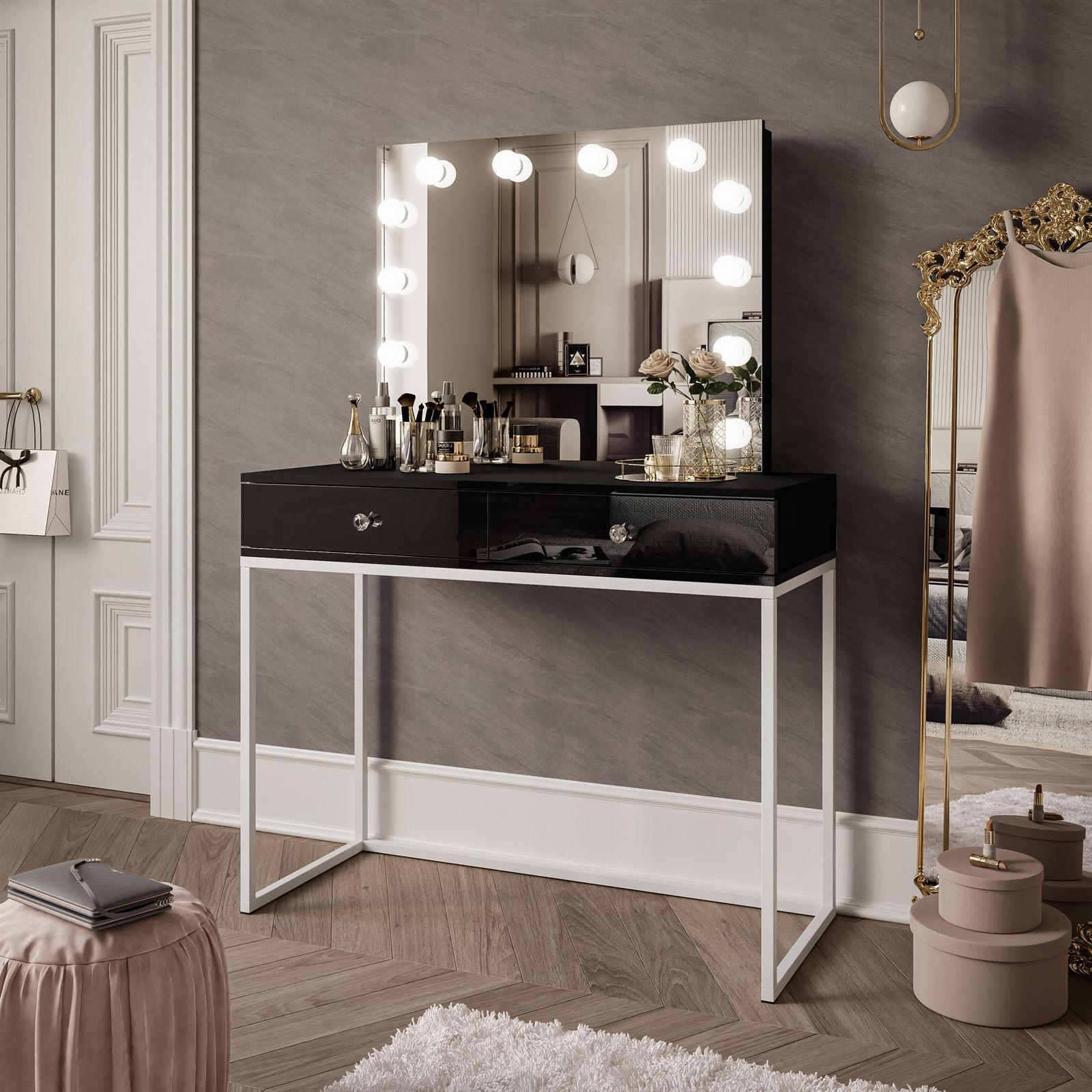 SCHMINKTISCH BLANCO LOFT ELITE mit Spiegel und Beleuchtung Schwarz Hochglanz Kristallgriff - Schwarz Hochglanz/Weiß, Holzwerkstoff (100/146/42cm) - Lookway