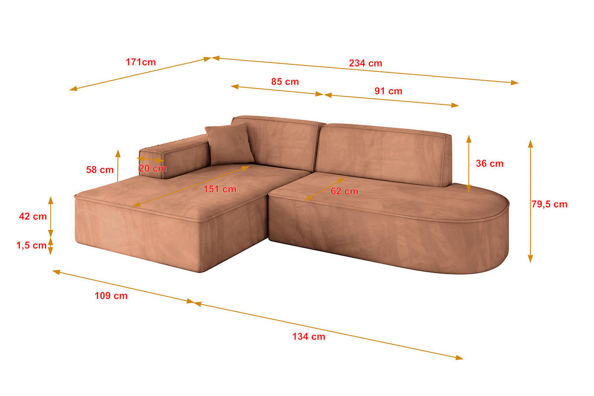 ECKSOFA Ottomane Links IREA-L1-v4 - 234x171x79 cm Koralle - Koralle, Holzwerkstoff/Textil (234/171cm) - ALTDECOR
