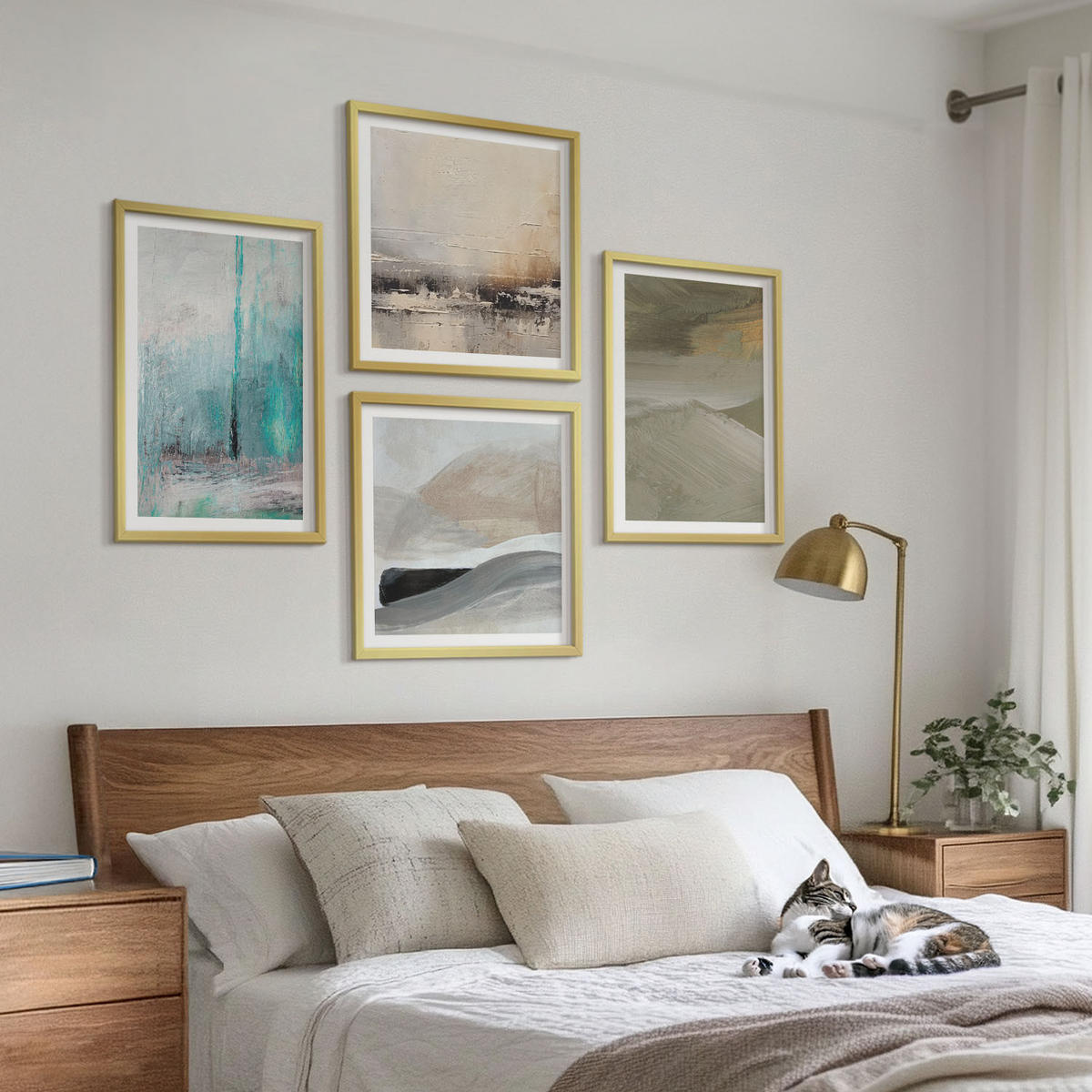 WANDBILDER 4er Set - 50x50 cm & 40x60 cm Goldrahmen - Gemalte abstrakte Dekorationen - Goldfarben, Kunststoff (50/50cm) - ArtPrintCave
