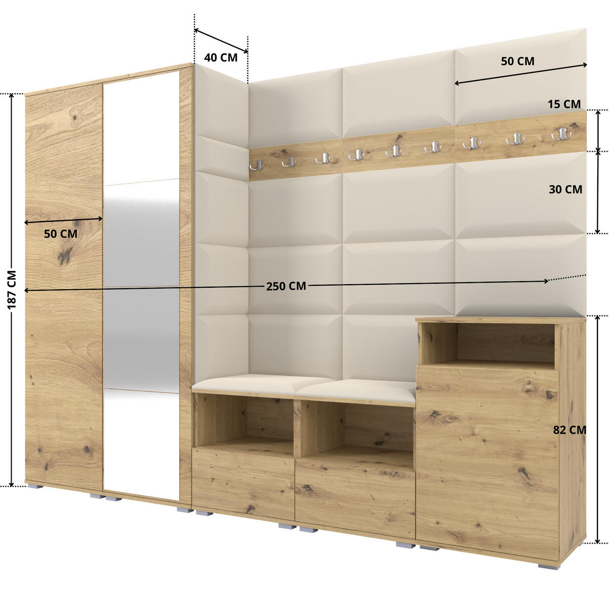 GARDEROBE NELA VIII 250 cm (Modulare Flurmöbel Artisan Eiche mit Spiegel & Sitzpolster Creme 01 Set XL) - Silberfarben/Creme, Holz/Holzwerkstoff (250/187/40cm) - Ravio