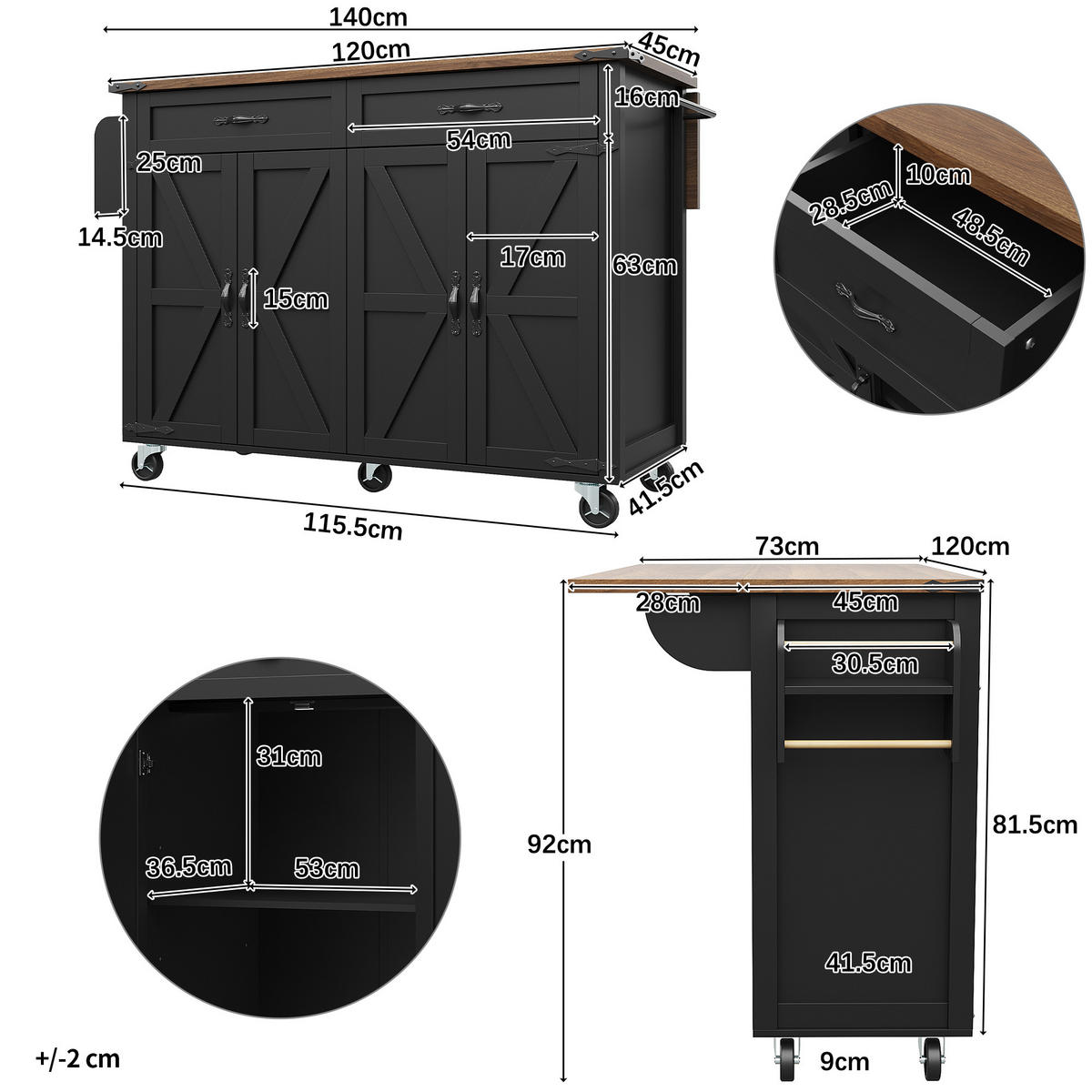 KÜCHENINSEL 140x73x93cm Schwarz mit Klapptisch & Rädern - Schwarz, Holzwerkstoff (140/93/73cm) - Modfu