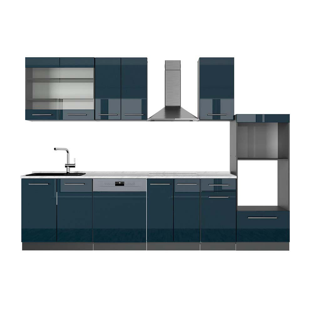KITCHENETTE Fame-Line Albastru închis strălucitor/antracit 300 cm cu dulap înalt, marmură AP