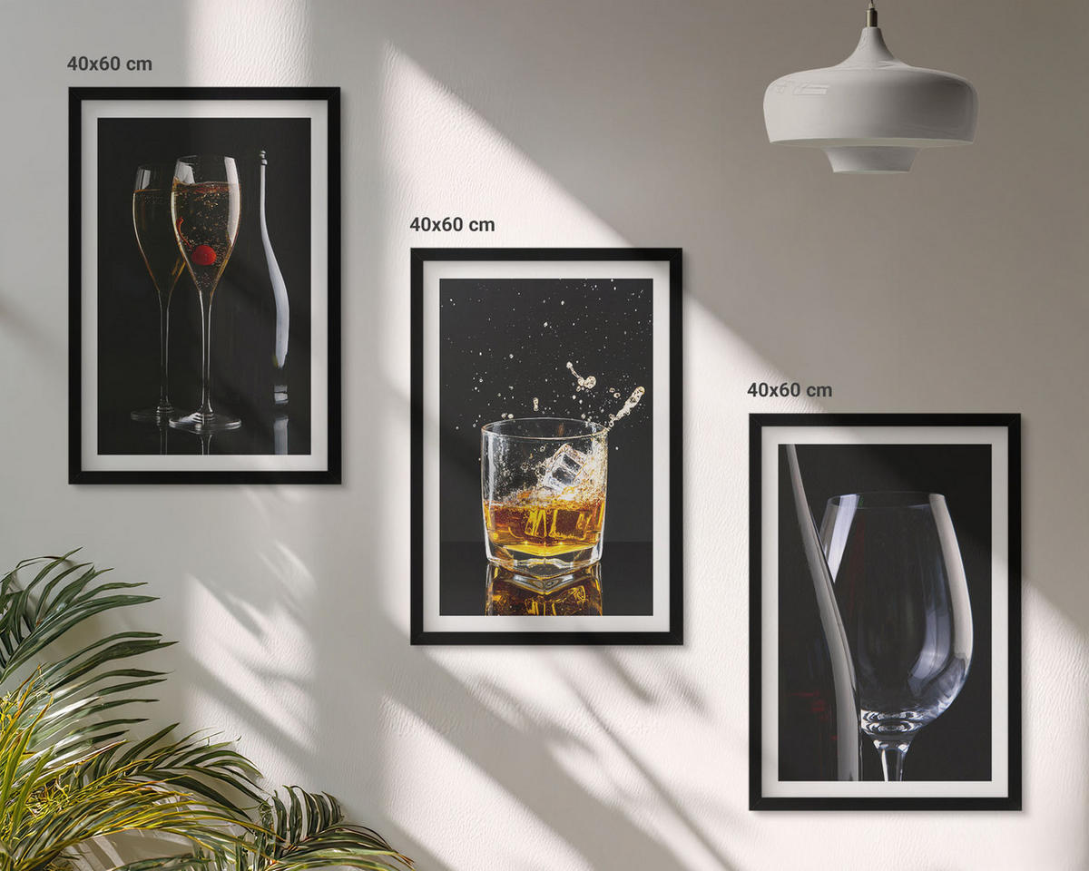 WANDBILDER 3er-Set - 40x60 cm Schwarzer Rahmen - Weingläser und Whiskygläser auf schwarzem Hintergrund - Schwarz, Kunststoff (40/60cm) - ArtPrintCave