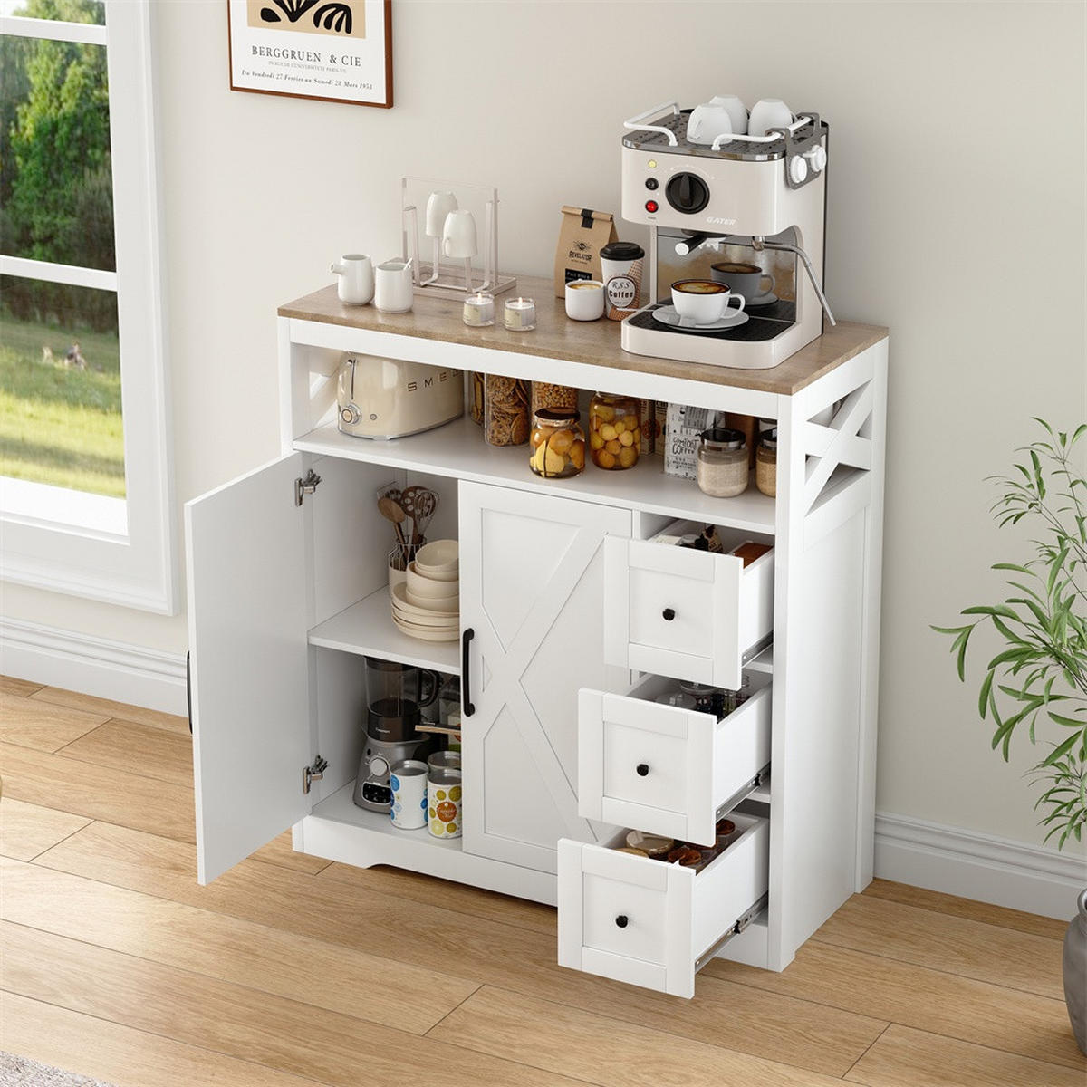 SIDEBOARD mit 3 Schubladen und 2 Türen - moderne skandinavische Optik und schwarze Griffe - Weiß und Natur - Weiß, Holzwerkstoff (100/105/40cm) - DELFA