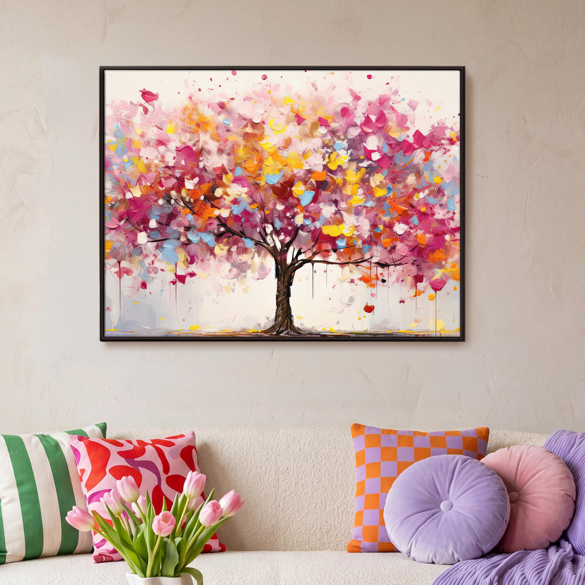 LEINWAND Bilder mit Rahmen - Aquarell - Baum - Kunst - Abstrakt - 100x70 - Multicolor, Textil (100/70cm) - MuchoWow