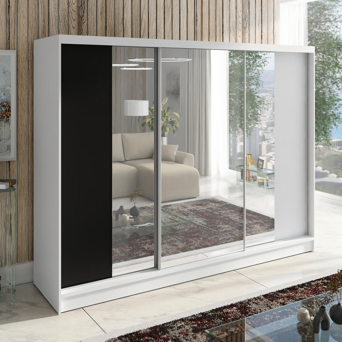 SCHWEBETÜRENSCHRANK 200 CM VIDA Farbe: Weiß, Schwarz, Weiß - Schwarz/Weiß, Holzwerkstoff (200/215/60cm) - A&J MöbelLand