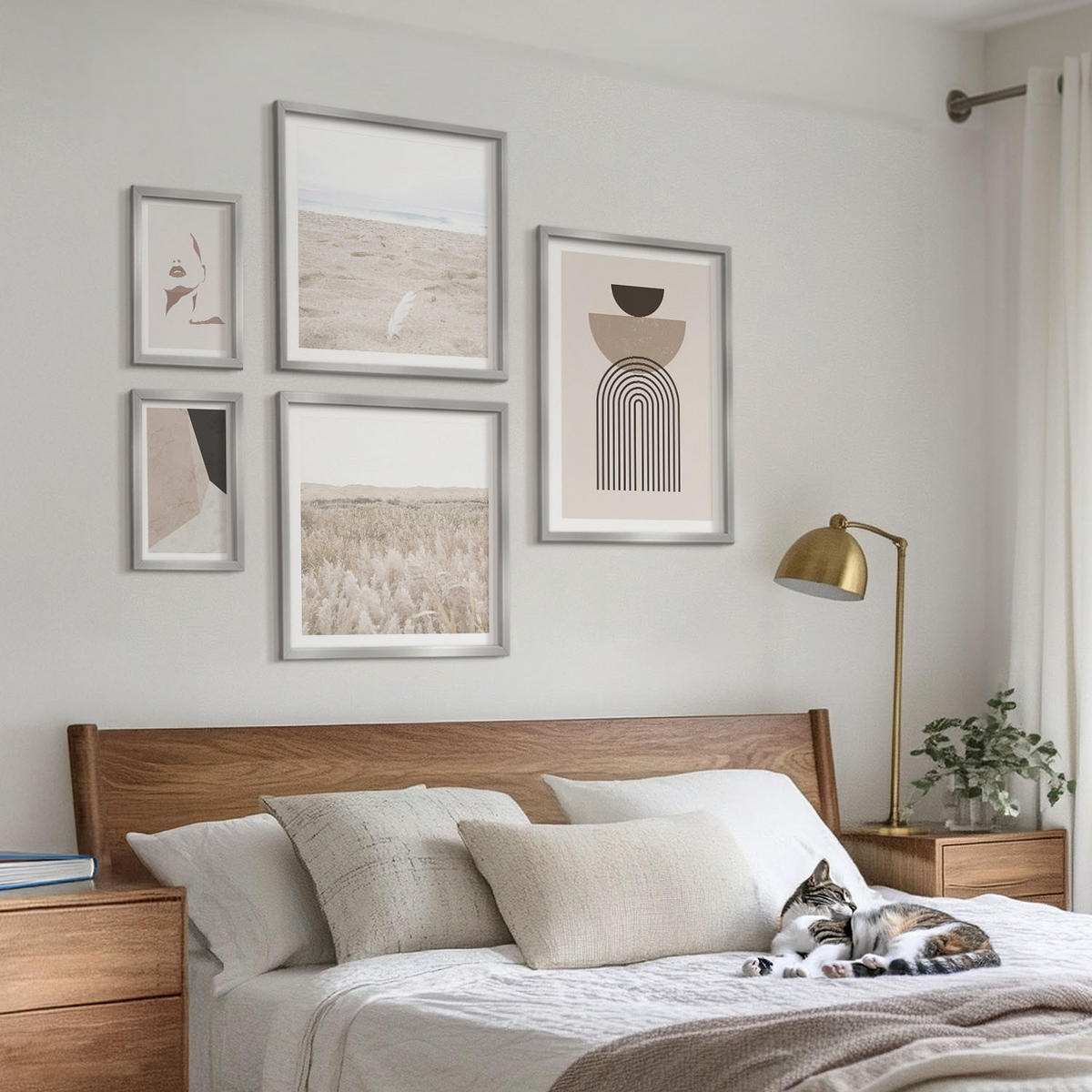 BILDER SET 5er Set - 50x50 cm & 20x30 cm & 40x60 cm Silberner Rahmen - Abstrakte weiß-braune Muster - Silberfarben, Kunststoff (40/60cm) - TULUP