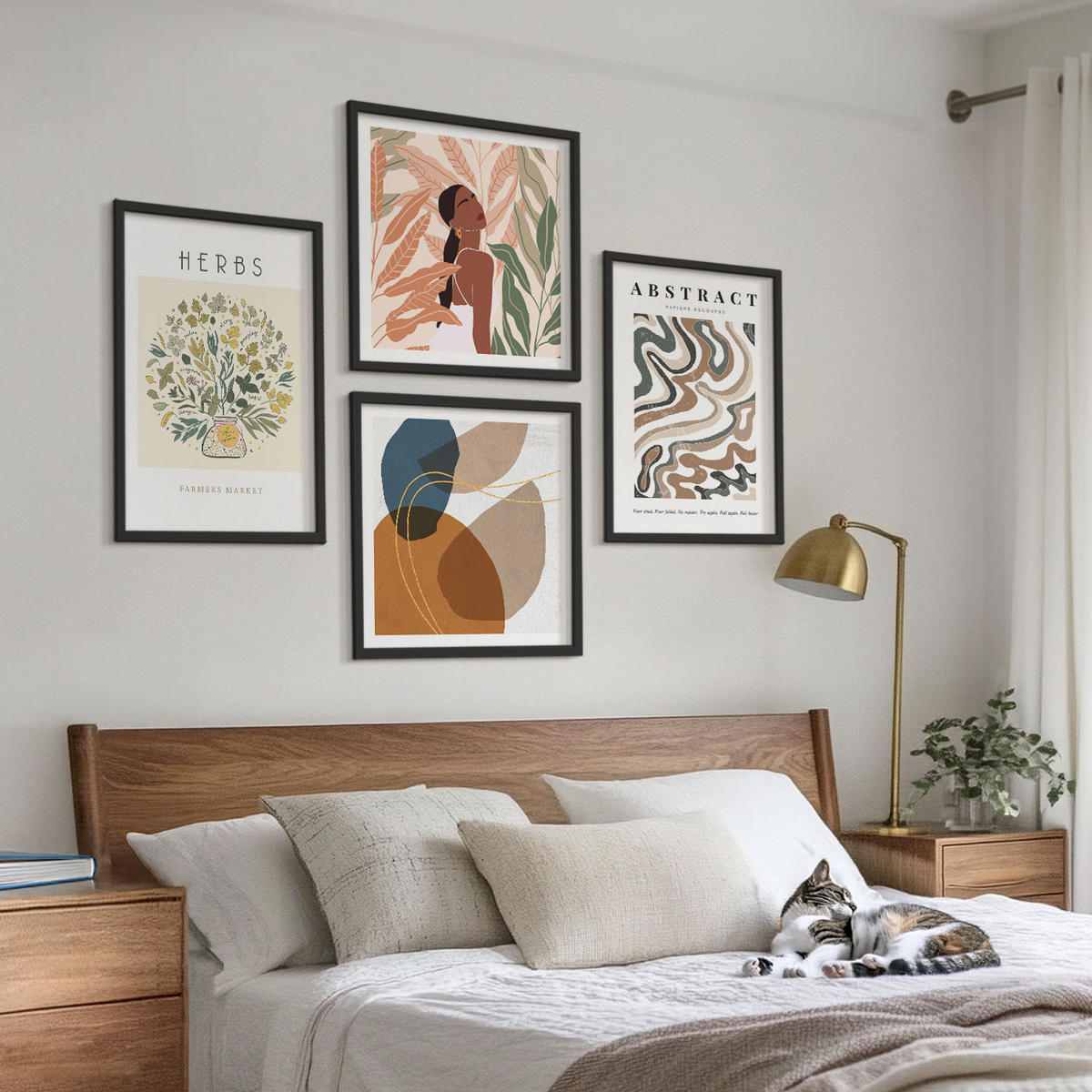 BILDER SET 4er Set - 50x50 cm & 40x60 cm Schwarzer Rahmen - Boho-Ästhetik, Pastellposter - Schwarz, Kunststoff (50/50cm) - TULUP