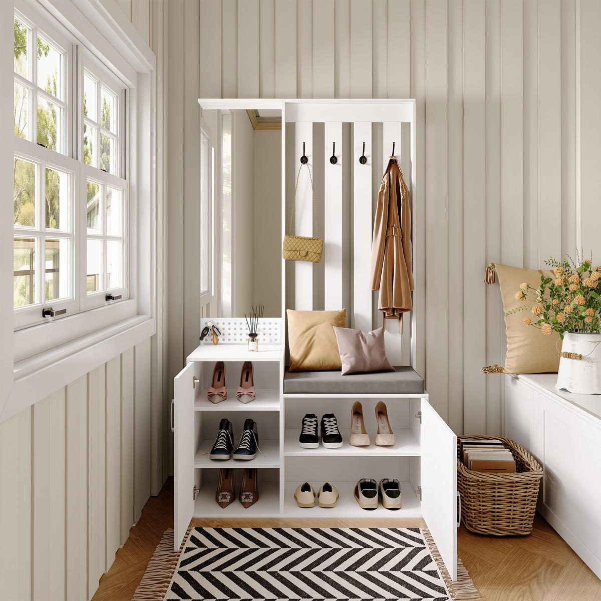 GARDEROBE 6-in-1 Weiß mit Spiegel, Sitzbank und Schuhschrank für den Flur - Weiß, Holzwerkstoff (40/180/100cm) - SHOPENTRA