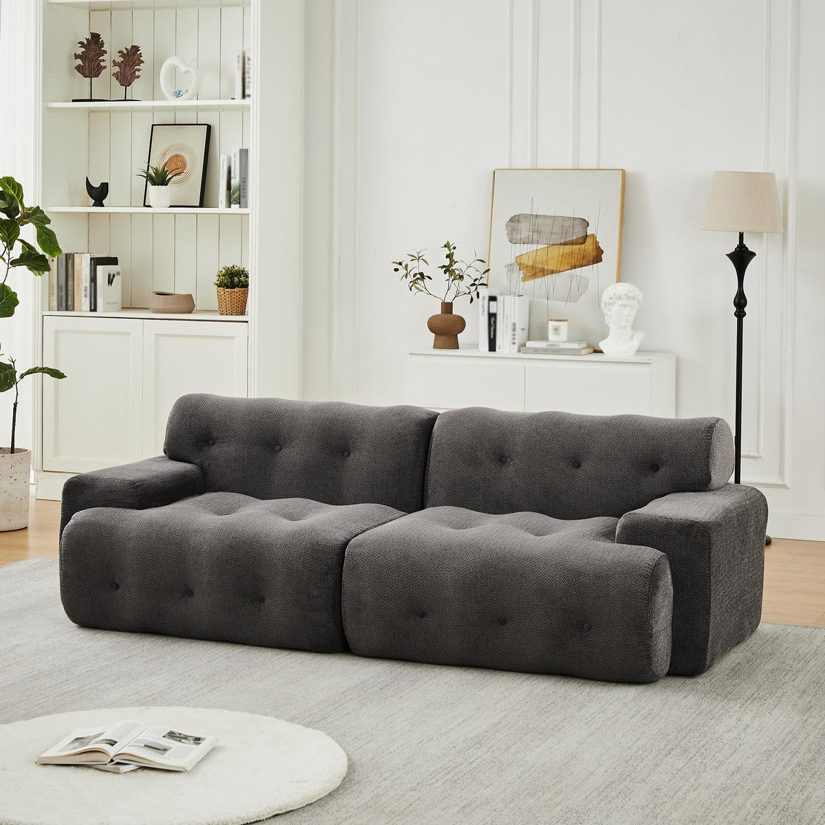 2-SITZER SOFA Chenille Grau mit Knopfverzierung und Armlehnen - Dunkelgrau, Textil (224/66/104cm) - WISHDOR