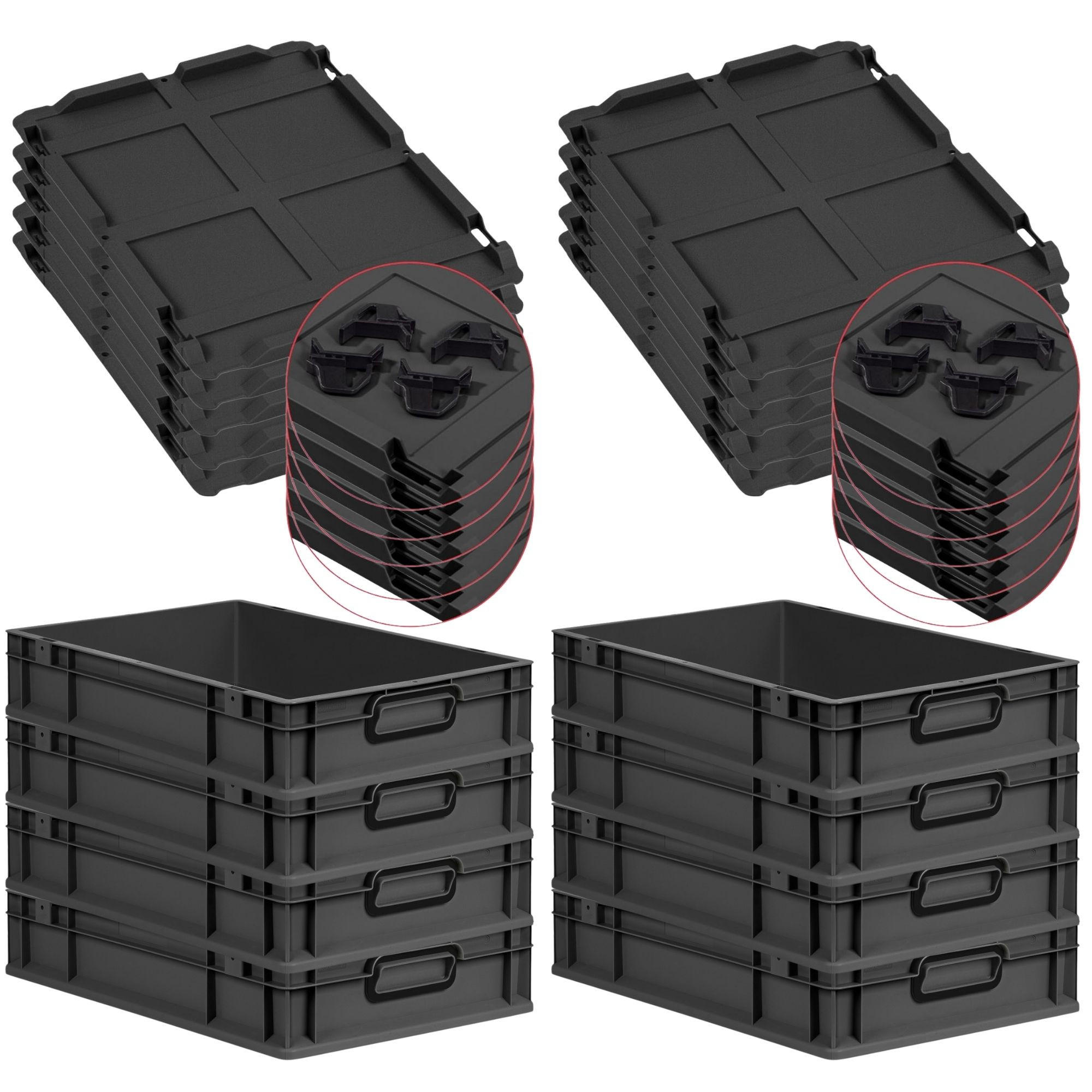 EUROBOX 8x NextGen Color mit Auflagedeckel 12x40x60 cm 23 Liter Schwarz Griffe schwarz zu - Anthrazit/Schwarz, Kunststoff (40/12/60cm) - PROREGAL