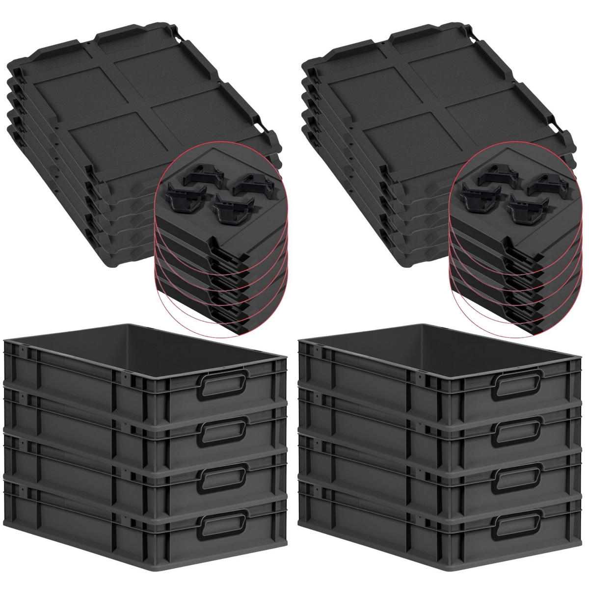 EUROBOX 8x NextGen Color mit Auflagedeckel 12x40x60 cm 23 Liter Schwarz Griffe schwarz zu - Anthrazit/Schwarz, Kunststoff (40/12/60cm) - PROREGAL