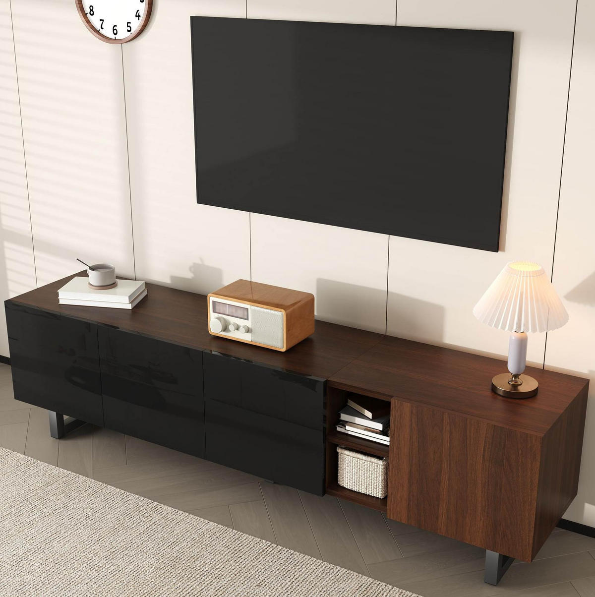 LOWBOARD 180/38/50 cm aus MDF mit Hochglanzfronten und grifflosem Türdesign Schwarz/Natur - Hellbraun, Holzwerkstoff (180/50/38cm) - Modenvie